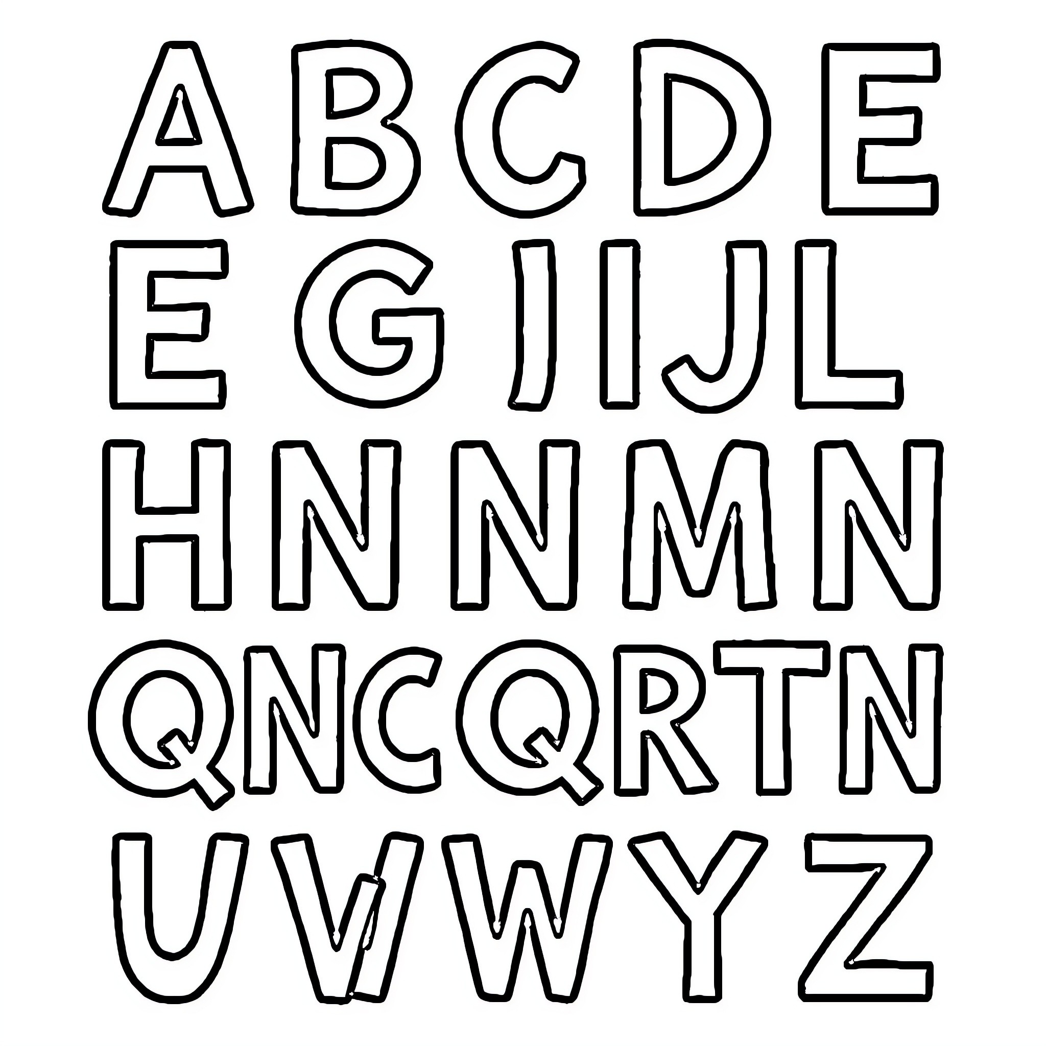Alphabet of Outlined Letter Forms Coloring Page (free black-and-white line drawing printable PDF for all, from beginners to advanced learners, including children, teens, adults, and seniors)