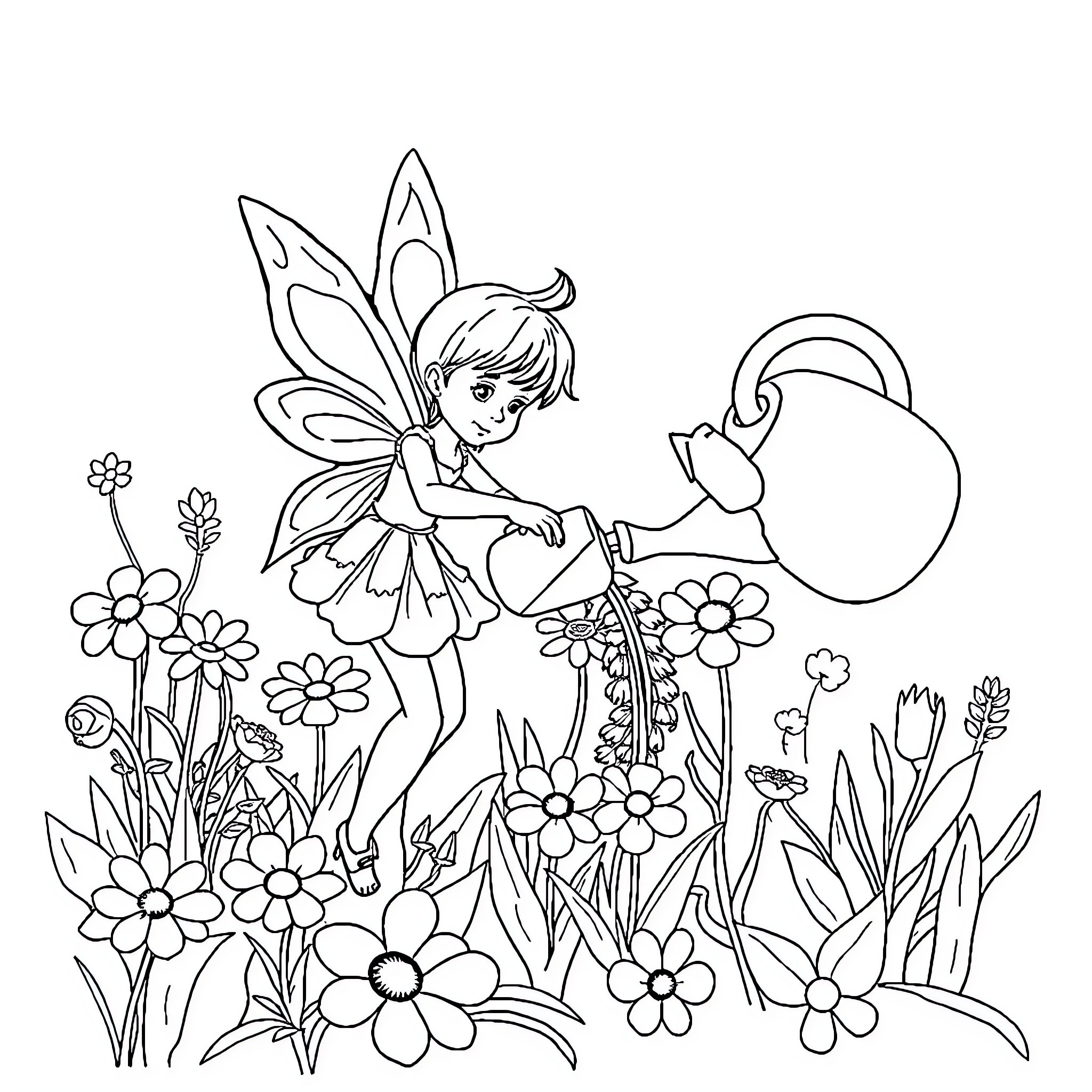 Fairy tending to a magical garden Coloring Page (free black-and-white line drawing printable PDF for all, from beginners to advanced learners, including children, teens, adults, and seniors)
