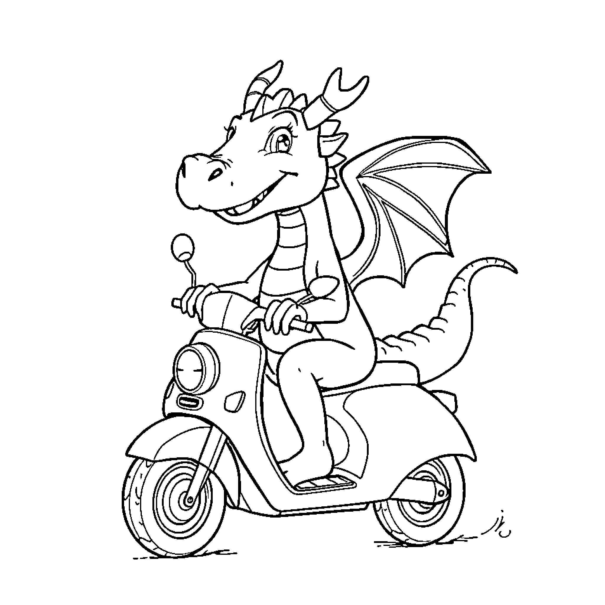 Dragon riding a scooter with a happy expression Coloring Page (free black-and-white line drawing printable PDF for all, from beginners to advanced learners, including children, teens, adults, and seniors)