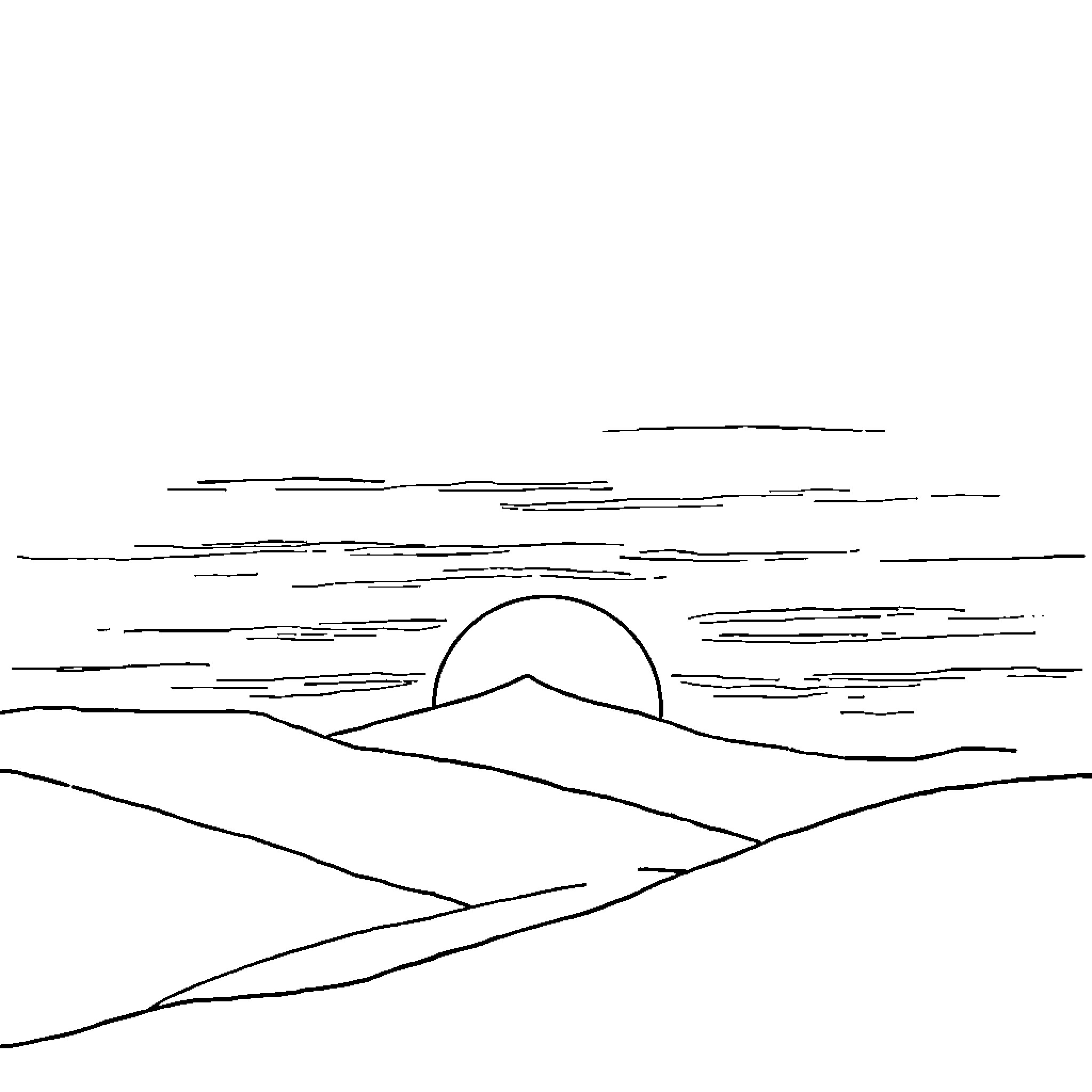 Sun setting over the scenic landscape Coloring Page (free black-and-white line drawing printable PDF for all, from beginners to advanced learners, including children, teens, adults, and seniors)