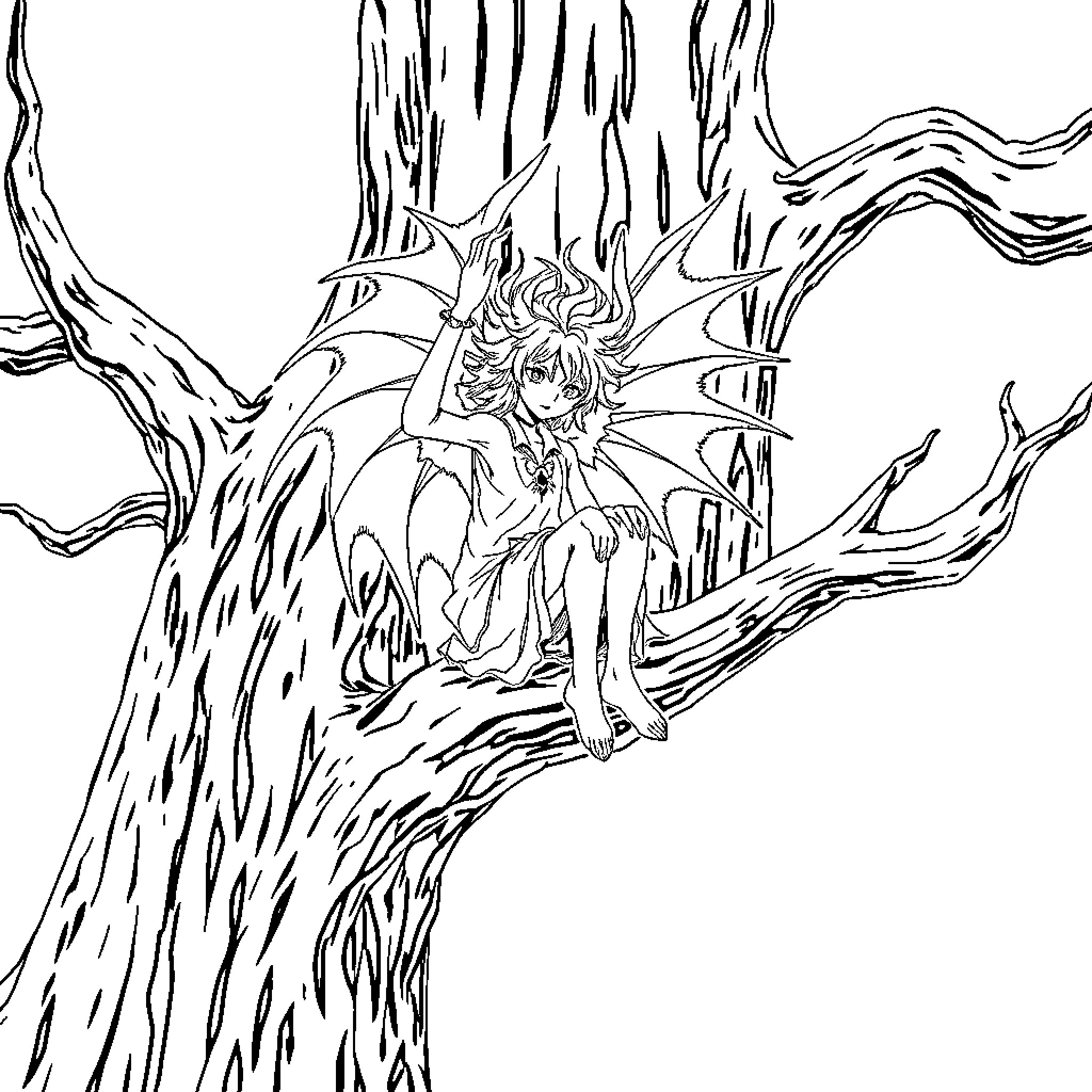 Riyuk resting peacefully on twisted tree branches Coloring Page (free black-and-white line drawing printable PDF for all, from beginners to advanced learners, including children, teens, adults, and seniors)