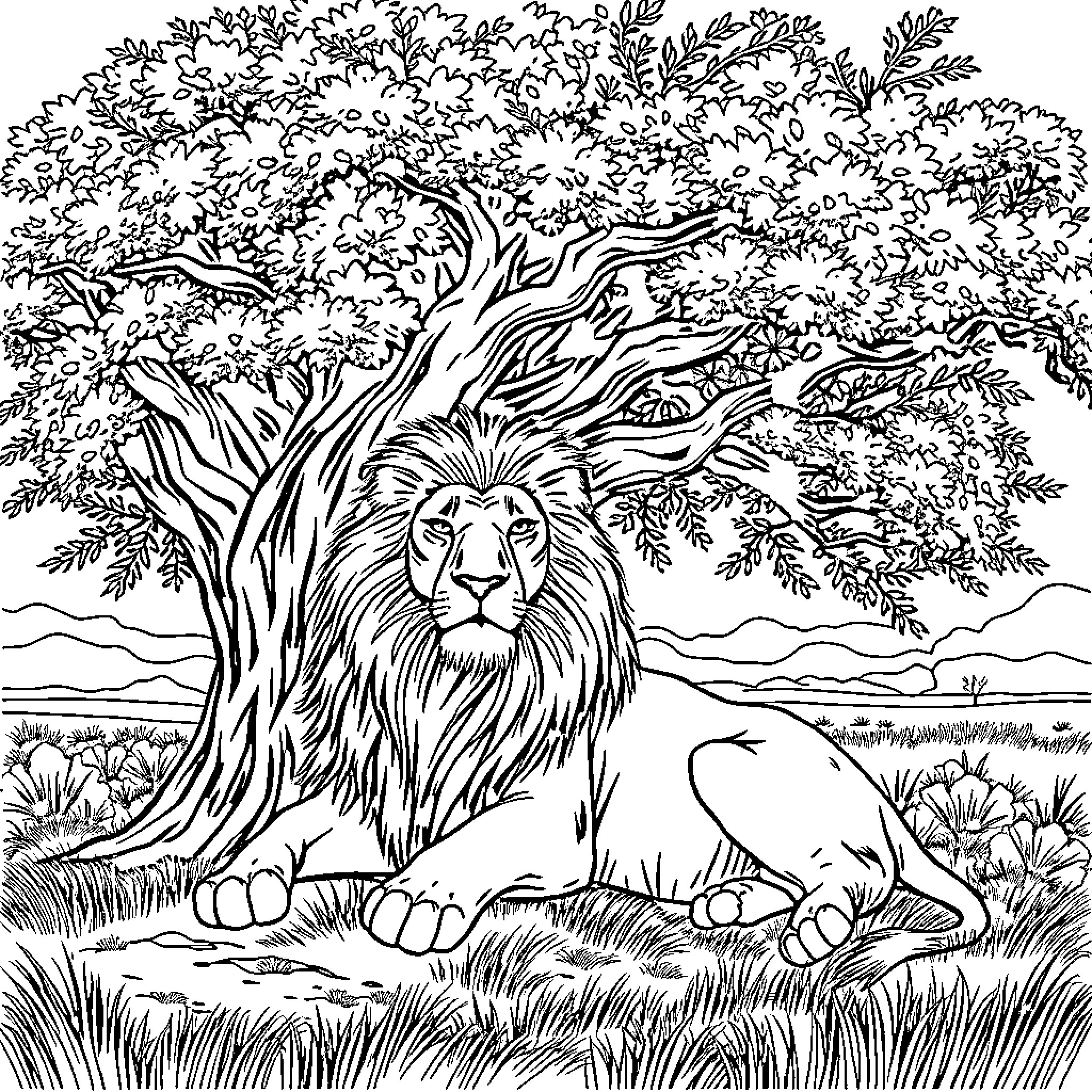 Lion relaxing in lush jungle landscape Coloring Page (free black-and-white line drawing printable PDF for all, from beginners to advanced learners, including children, teens, adults, and seniors)