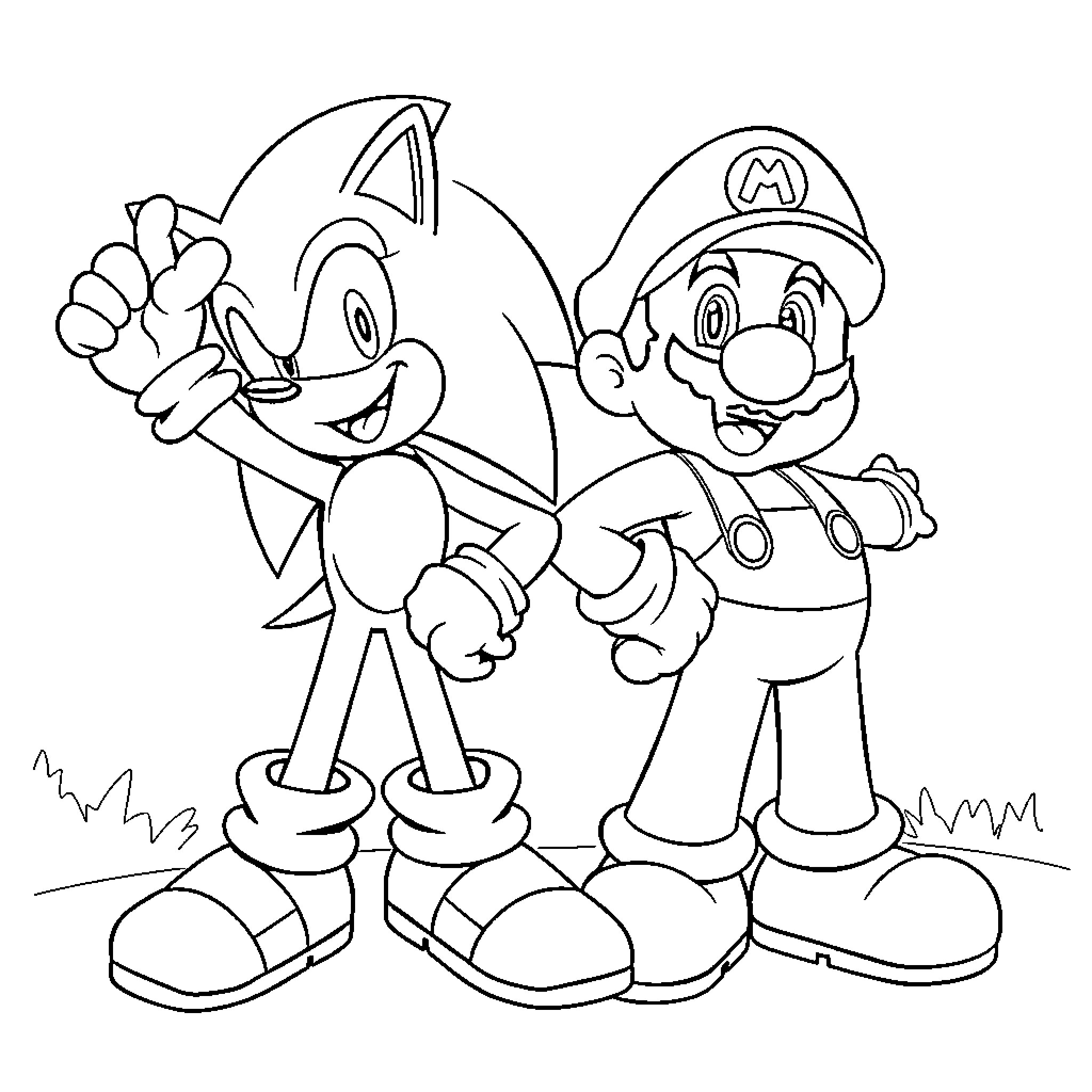 Sonic and Mario Adventuring Together Coloring Page (free black-and-white line drawing printable PDF for all, from beginners to advanced learners, including children, teens, adults, and seniors)
