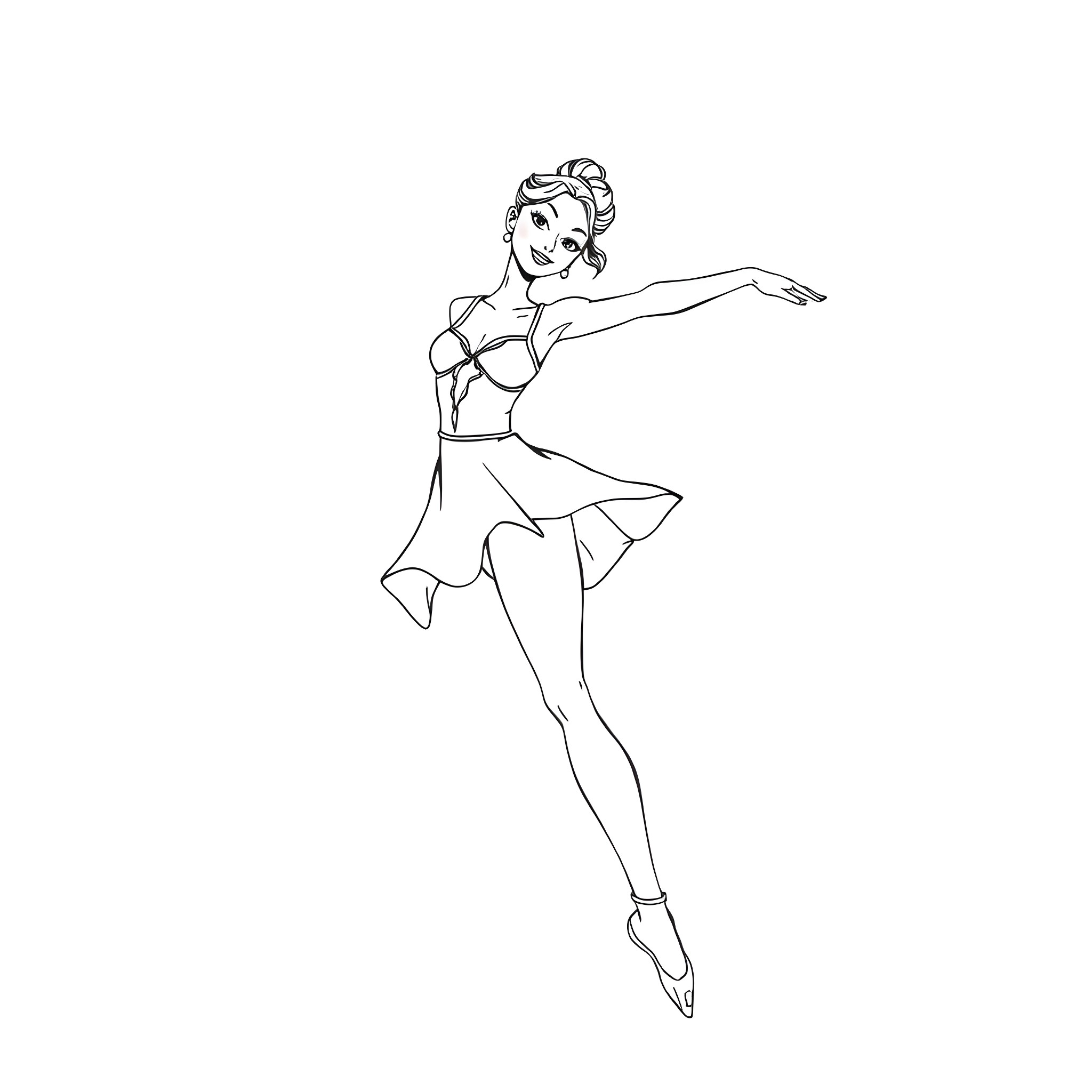 Dancer in graceful ballet pose Coloring Page (free black-and-white line drawing printable PDF for all, from beginners to advanced learners, including children, teens, adults, and seniors)
