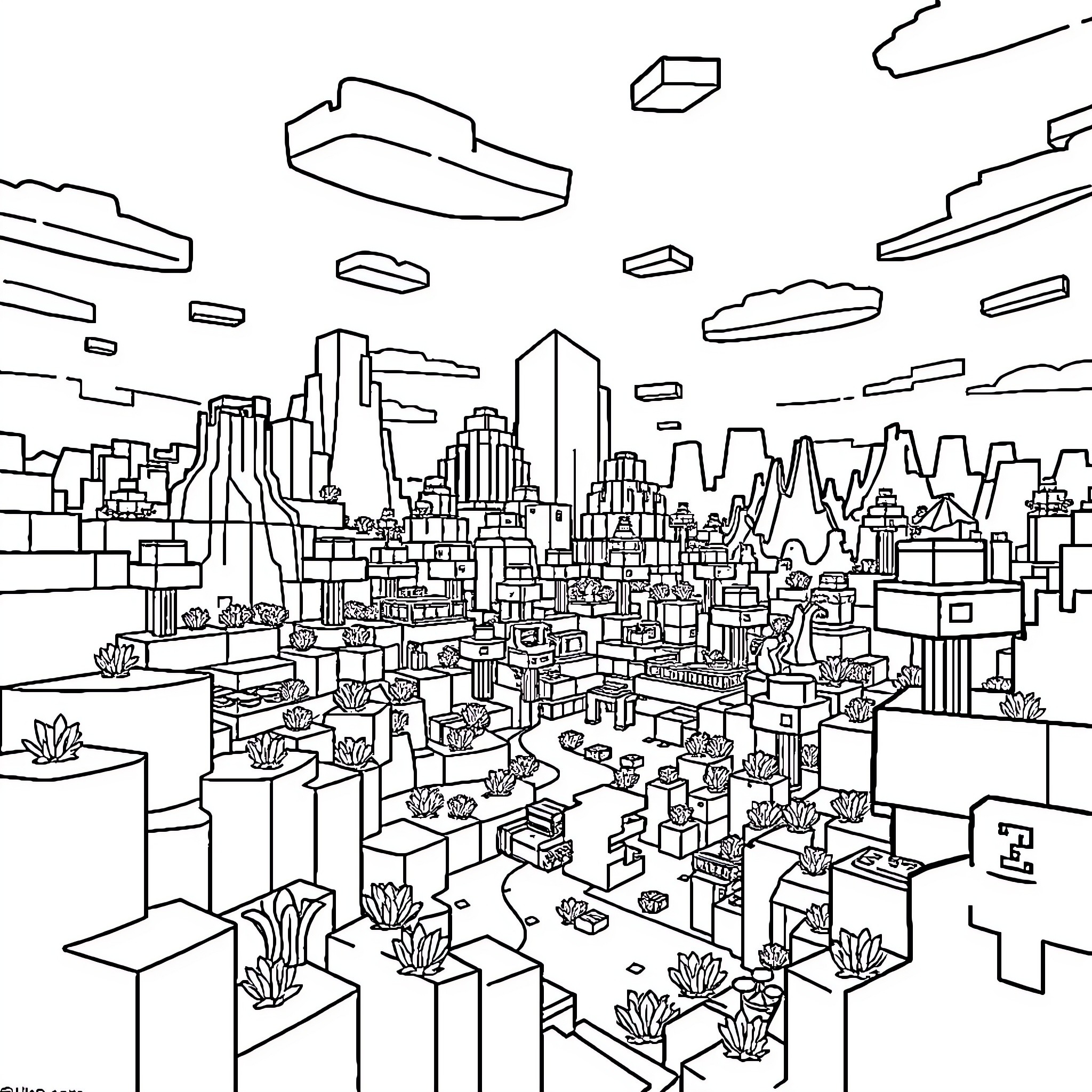 Minecraft Cityscape with Floating Blocks and Structures Coloring Page (free black-and-white line drawing printable PDF for all, from beginners to advanced learners, including children, teens, adults, and seniors)