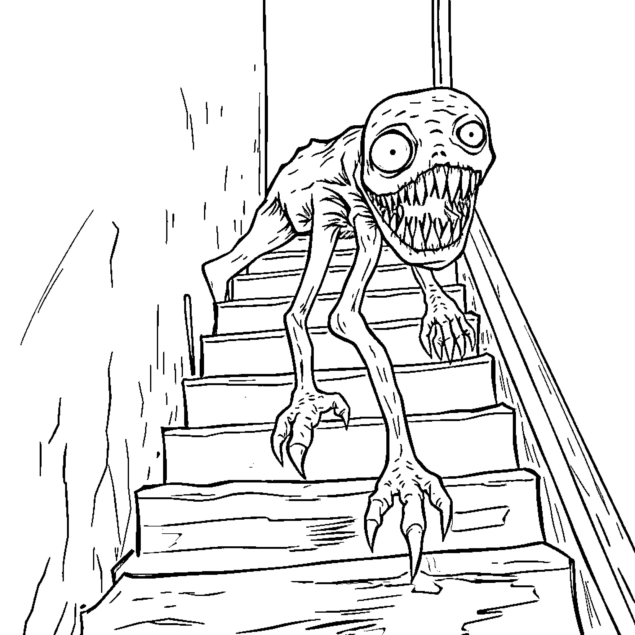 Monster stalking up the dark stairs Coloring Page (free black-and-white line drawing printable PDF for all, from beginners to advanced learners, including children, teens, adults, and seniors)