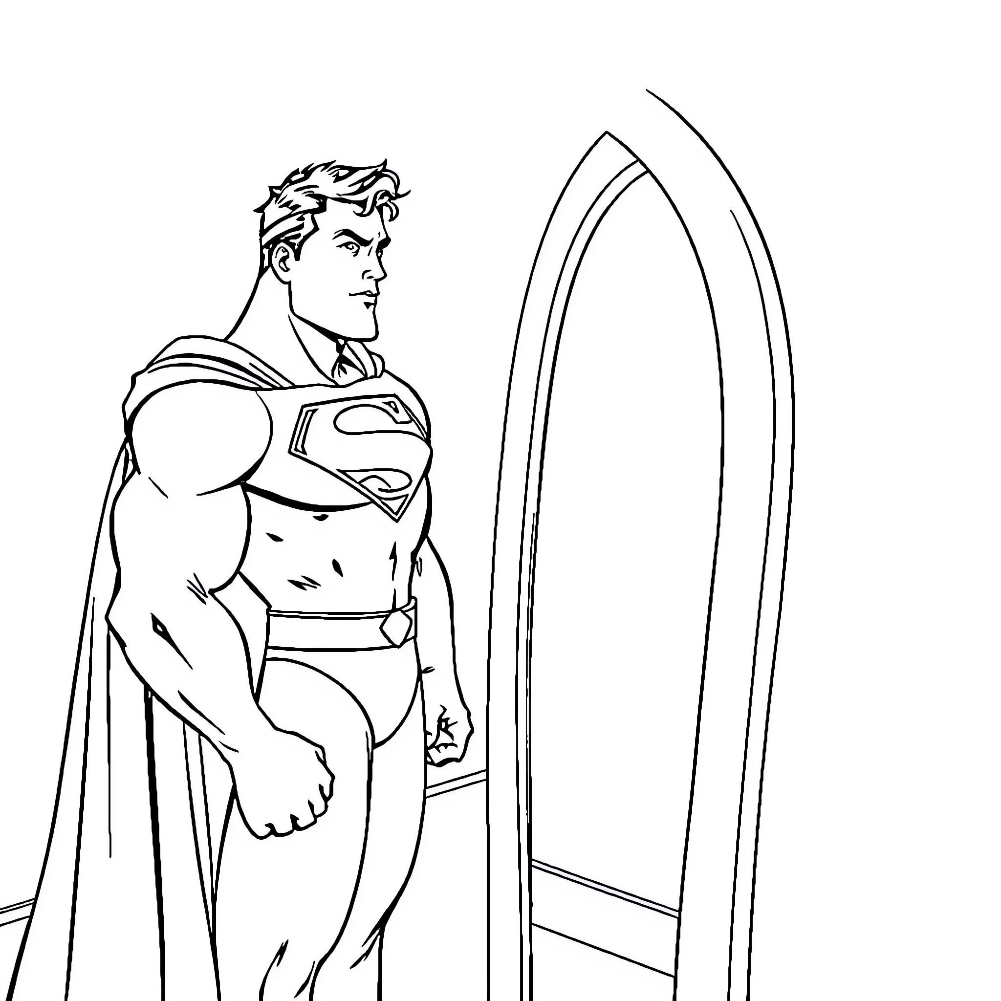 Superman standing heroically in front of arched window Coloring Page (free black-and-white line drawing printable PDF for all, from beginners to advanced learners, including children, teens, adults, and seniors)