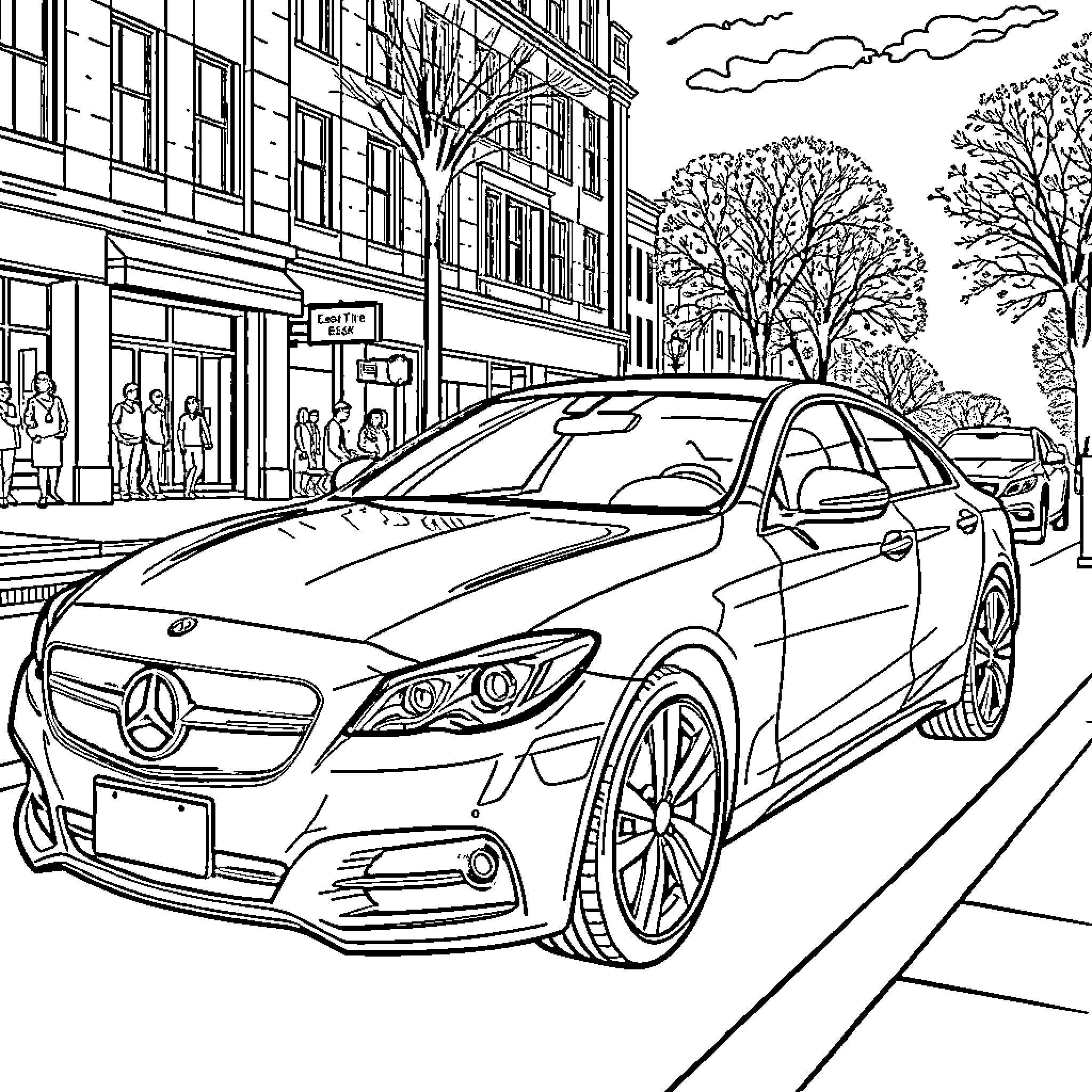 Car parked on city street with pedestrians Coloring Page (free black-and-white line drawing printable PDF for all, from beginners to advanced learners, including children, teens, adults, and seniors)