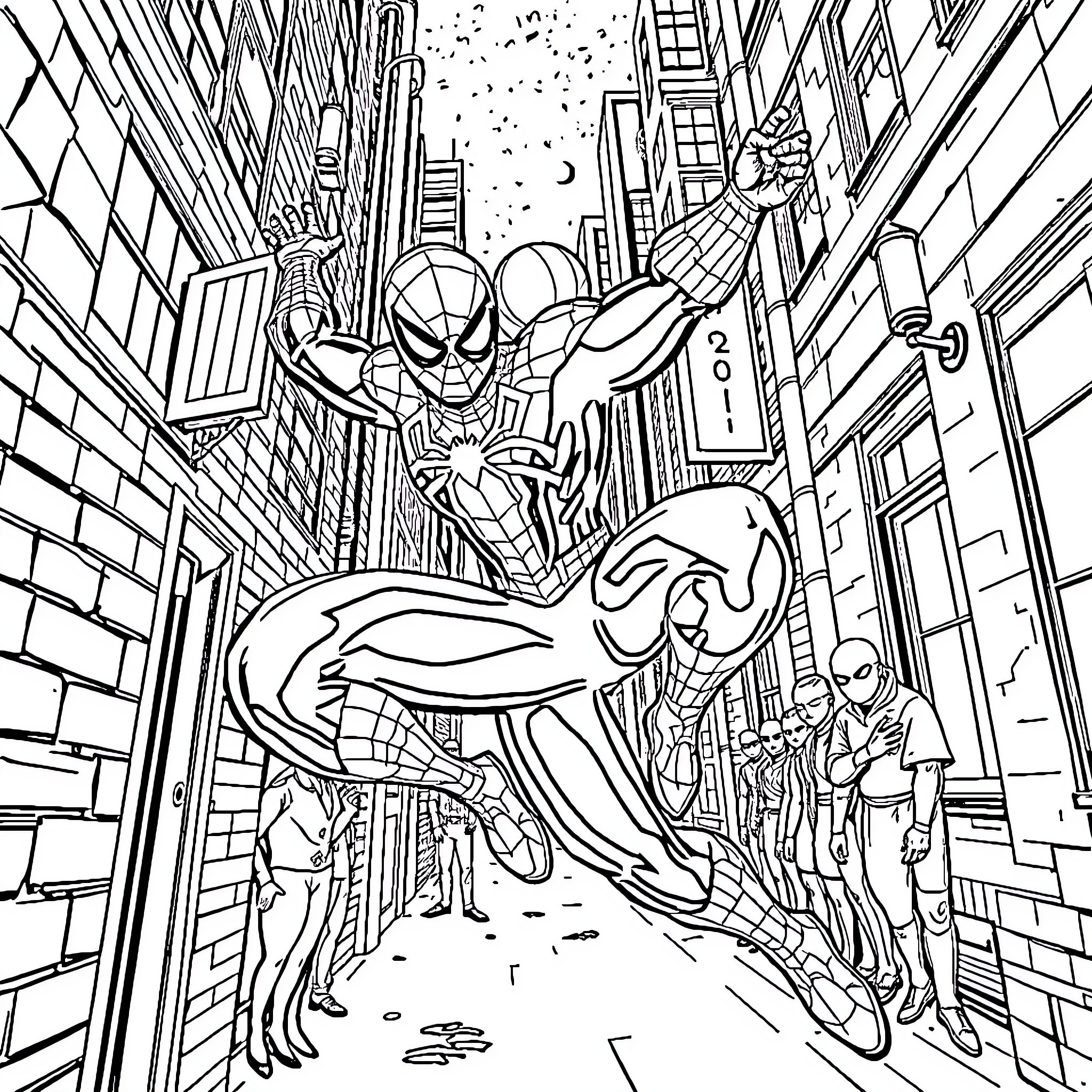 Spiderman swinging through the busy city streets Coloring Page (free black-and-white line drawing printable PDF for all, from beginners to advanced learners, including children, teens, adults, and seniors)