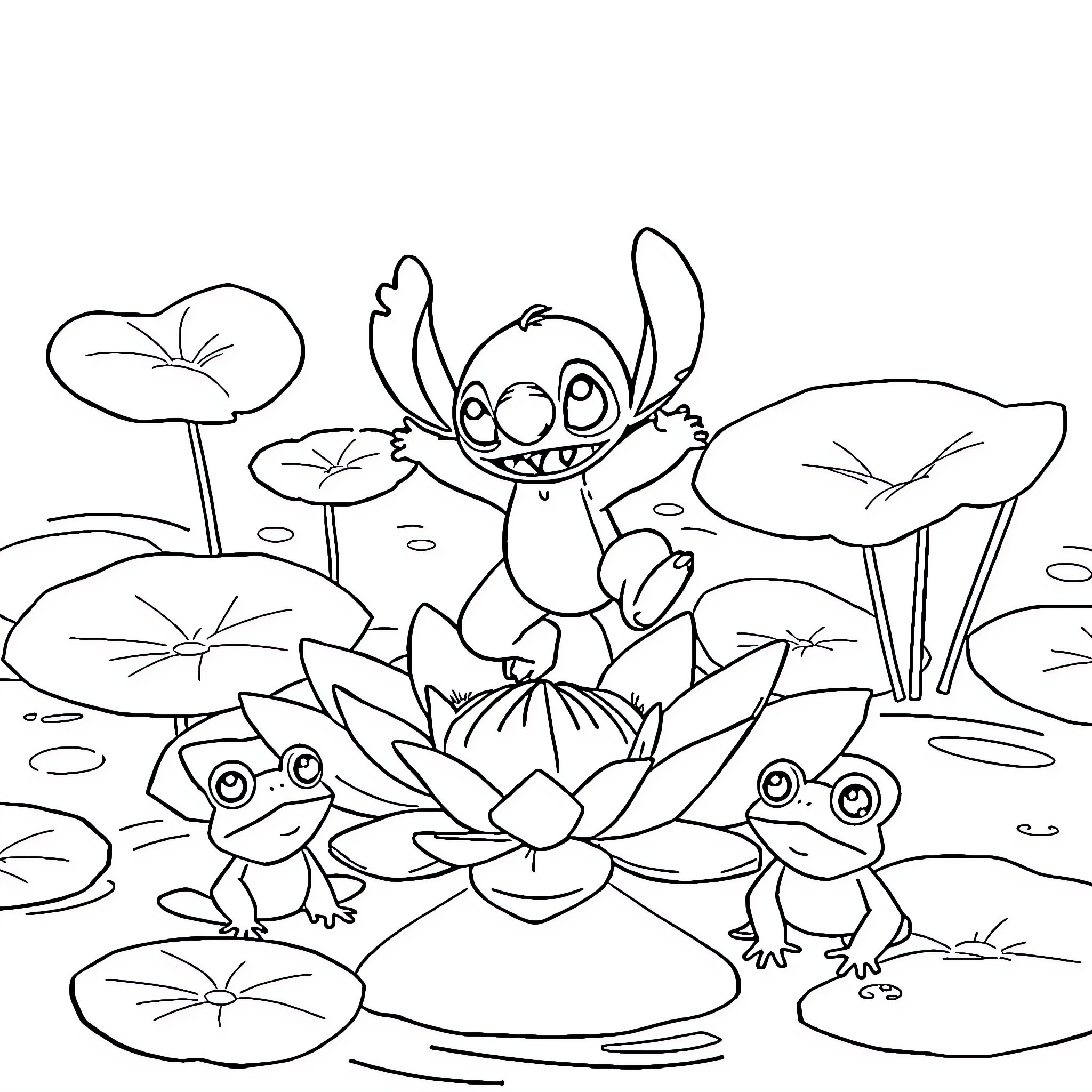 Stitch and Frog Friends Explore Lily Pad Pond Coloring Page (free black-and-white line drawing printable PDF for all, from beginners to advanced learners, including children, teens, adults, and seniors)