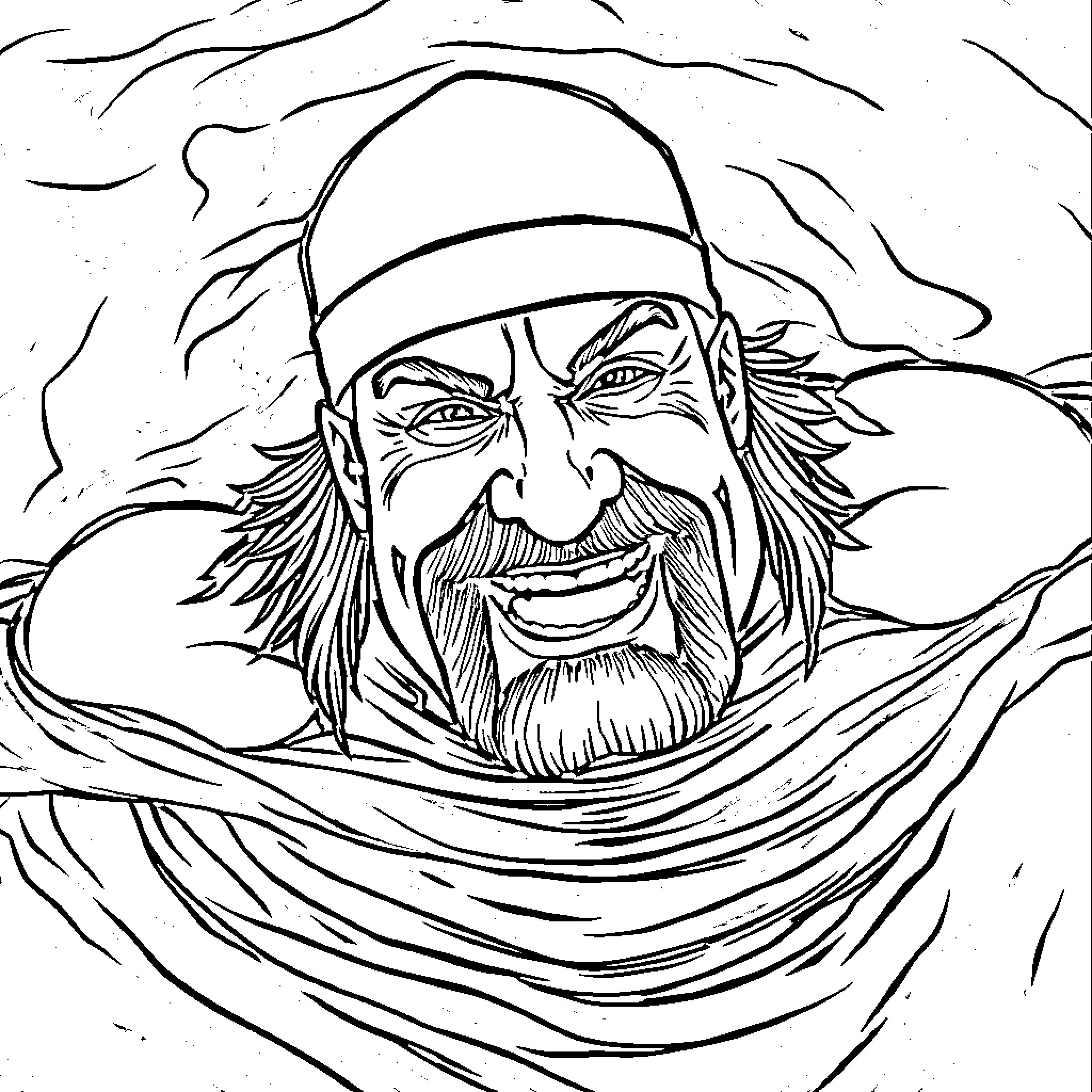 Hulk Hogan's Fierce Gaze in a Storm Coloring Page (free black-and-white line drawing printable PDF for all, from beginners to advanced learners, including children, teens, adults, and seniors)