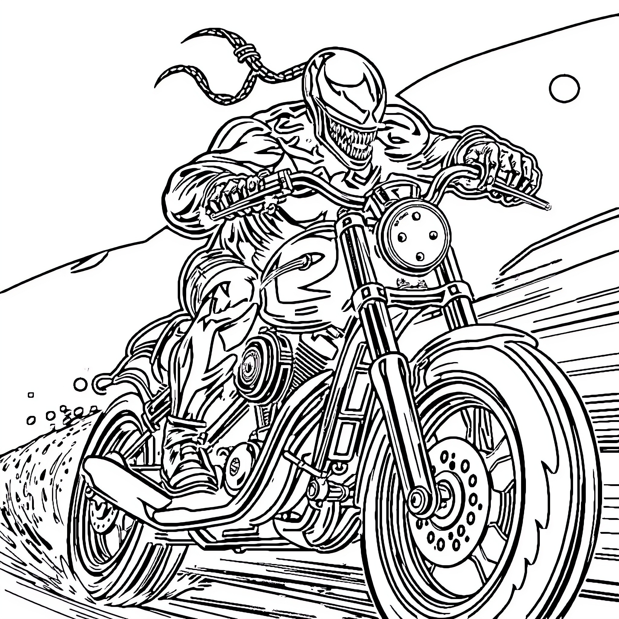 Venom Riding a Powerful Motorcycle Coloring Page (free black-and-white line drawing printable PDF for all, from beginners to advanced learners, including children, teens, adults, and seniors)