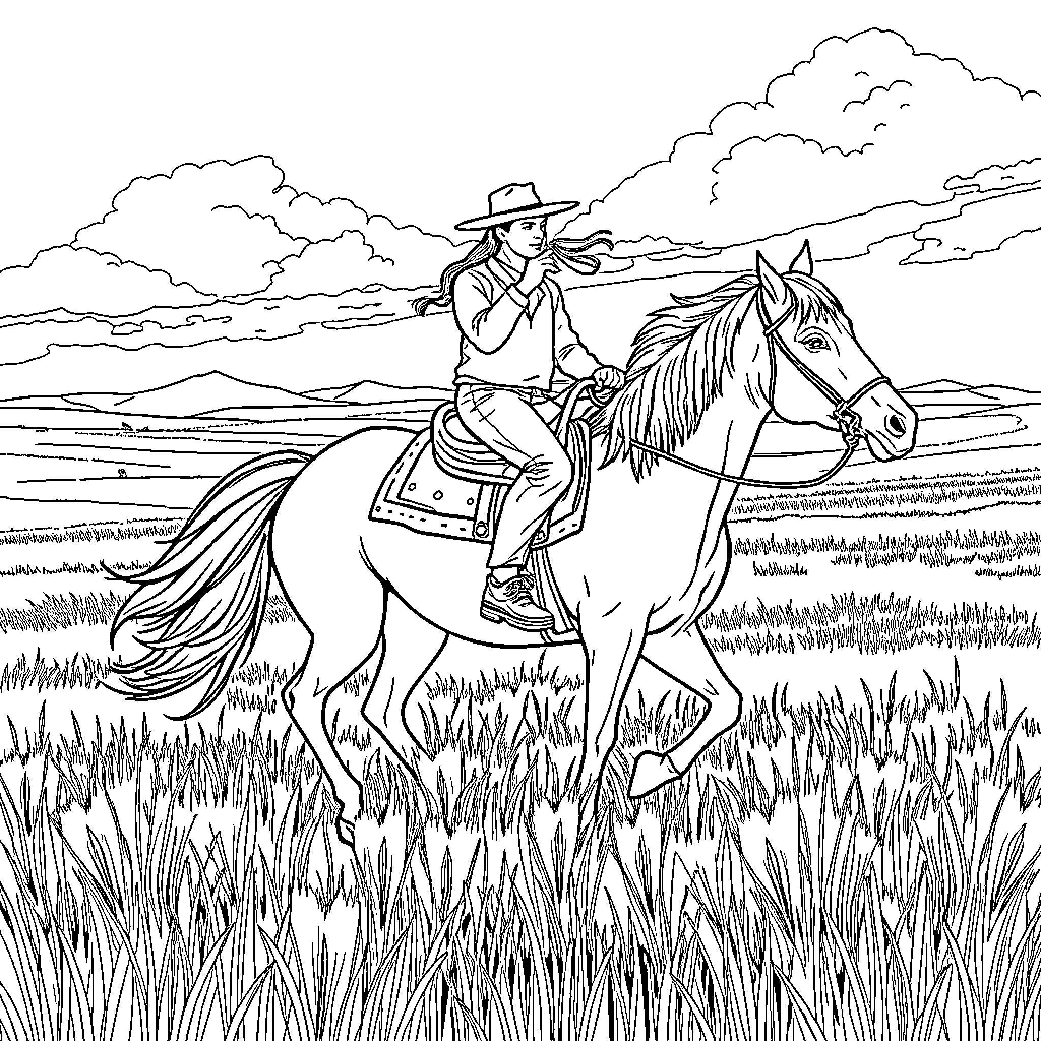 Person riding horseback through grassy field with cloudy sky Coloring Page (free black-and-white line drawing printable PDF for all, from beginners to advanced learners, including children, teens, adults, and seniors)