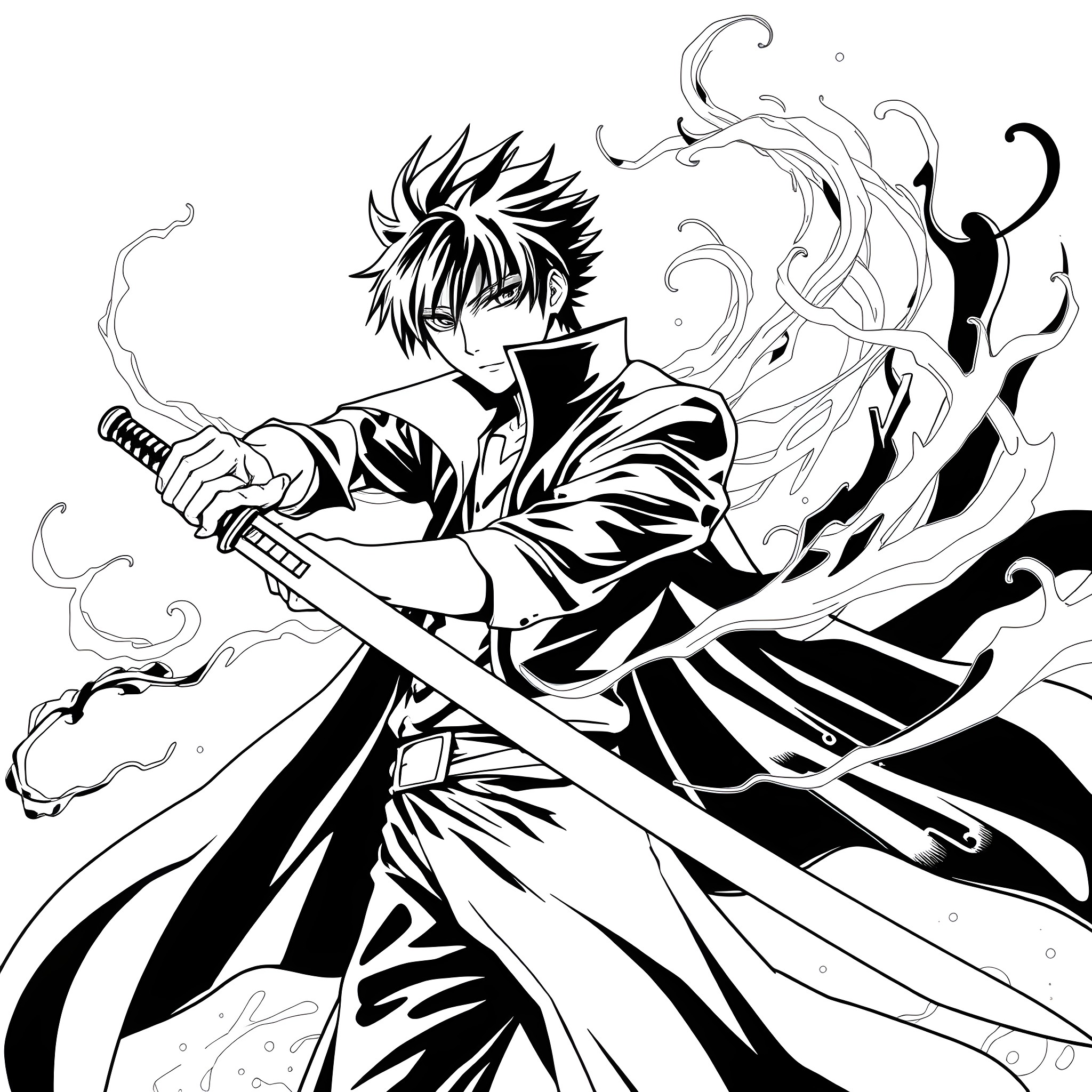 Itchigo's Fiery Swordsmanship Coloring Page (free black-and-white line drawing printable PDF for all, from beginners to advanced learners, including children, teens, adults, and seniors)