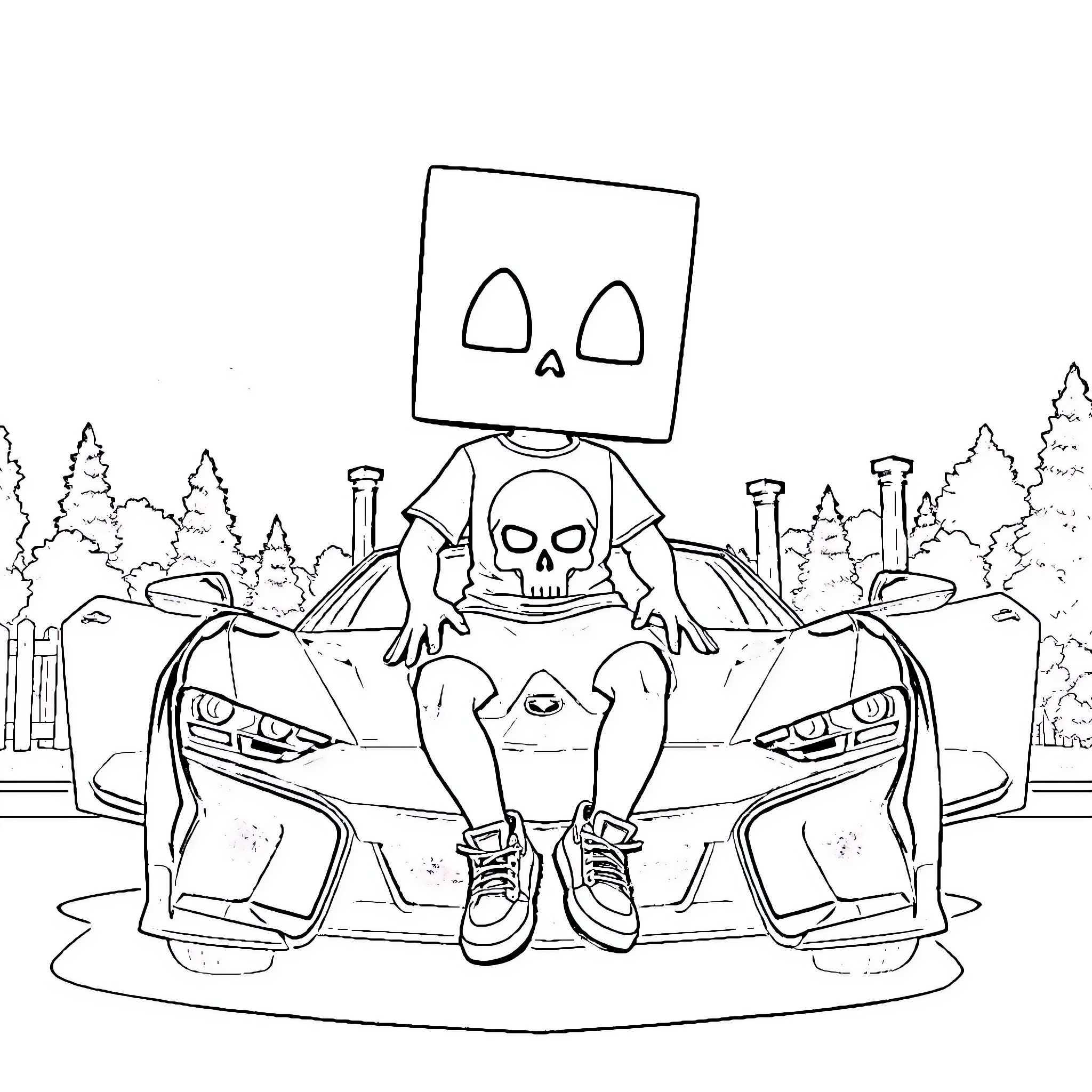Character riding in a spooky vehicle Coloring Page (free black-and-white line drawing printable PDF for all, from beginners to advanced learners, including children, teens, adults, and seniors)