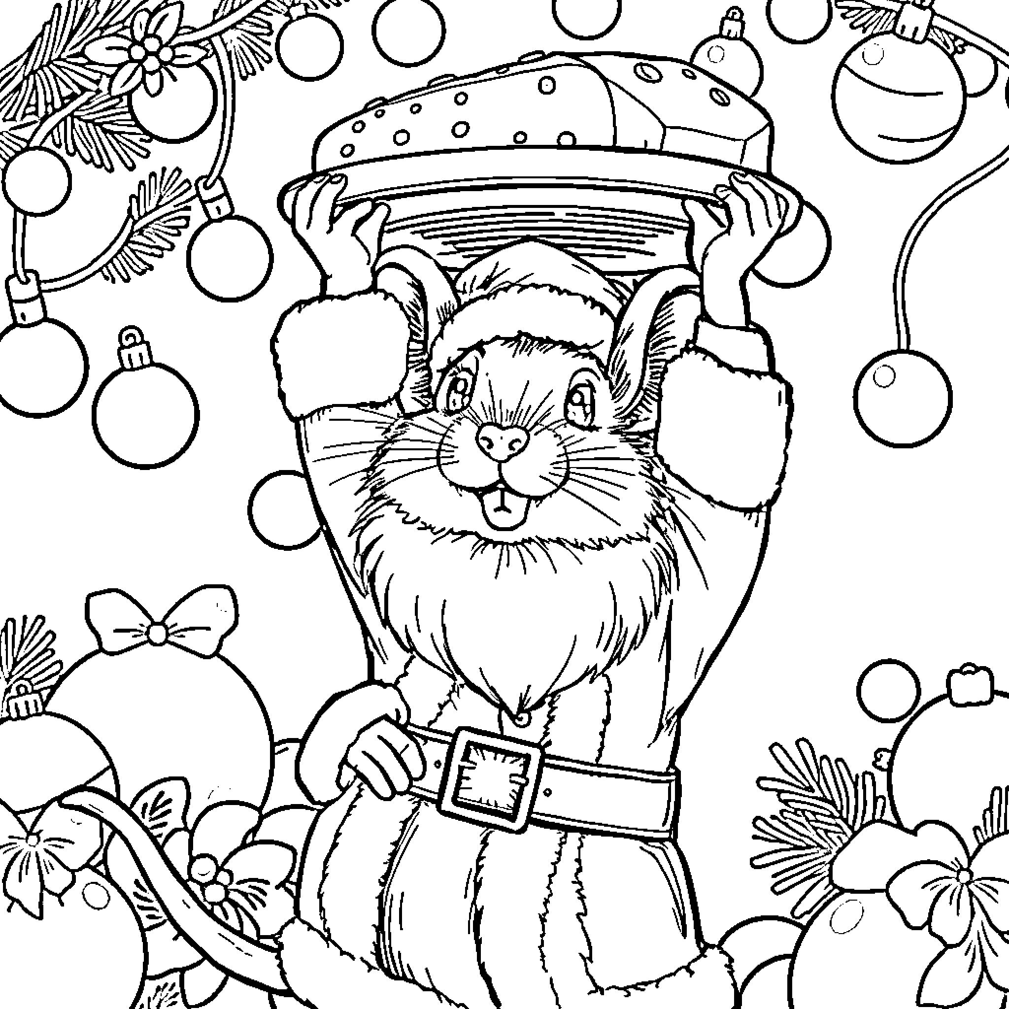 Mouse wearing a Santa hat surrounded by Christmas ornaments Coloring Page (free black-and-white line drawing printable PDF for all, from beginners to advanced learners, including children, teens, adults, and seniors)