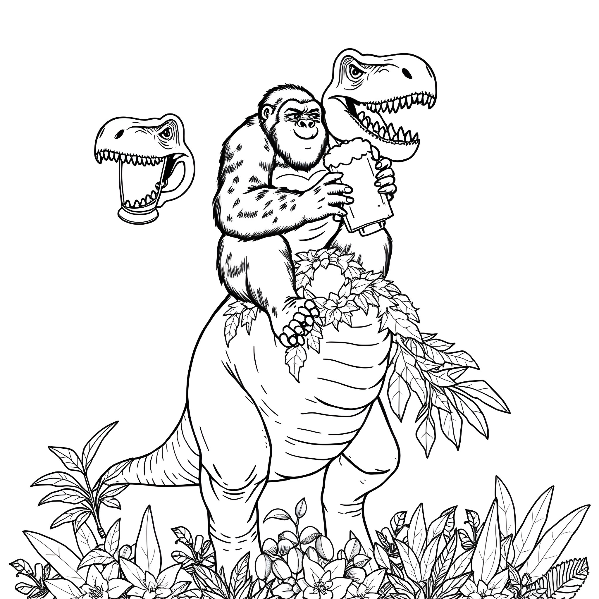 Gorilla riding a ferocious dinosaur in a lush jungle Coloring Page (free black-and-white line drawing printable PDF for all, from beginners to advanced learners, including children, teens, adults, and seniors)