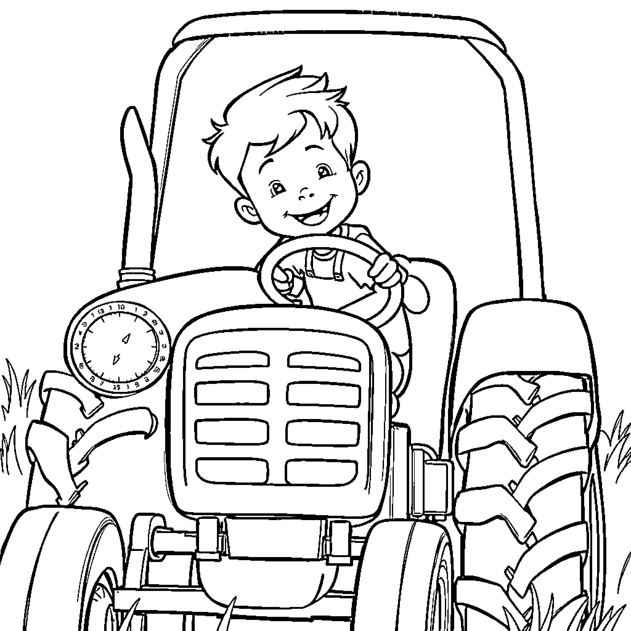 Boy steering tractor on farm Coloring Page (free black-and-white line drawing printable PDF for all, from beginners to advanced learners, including children, teens, adults, and seniors)