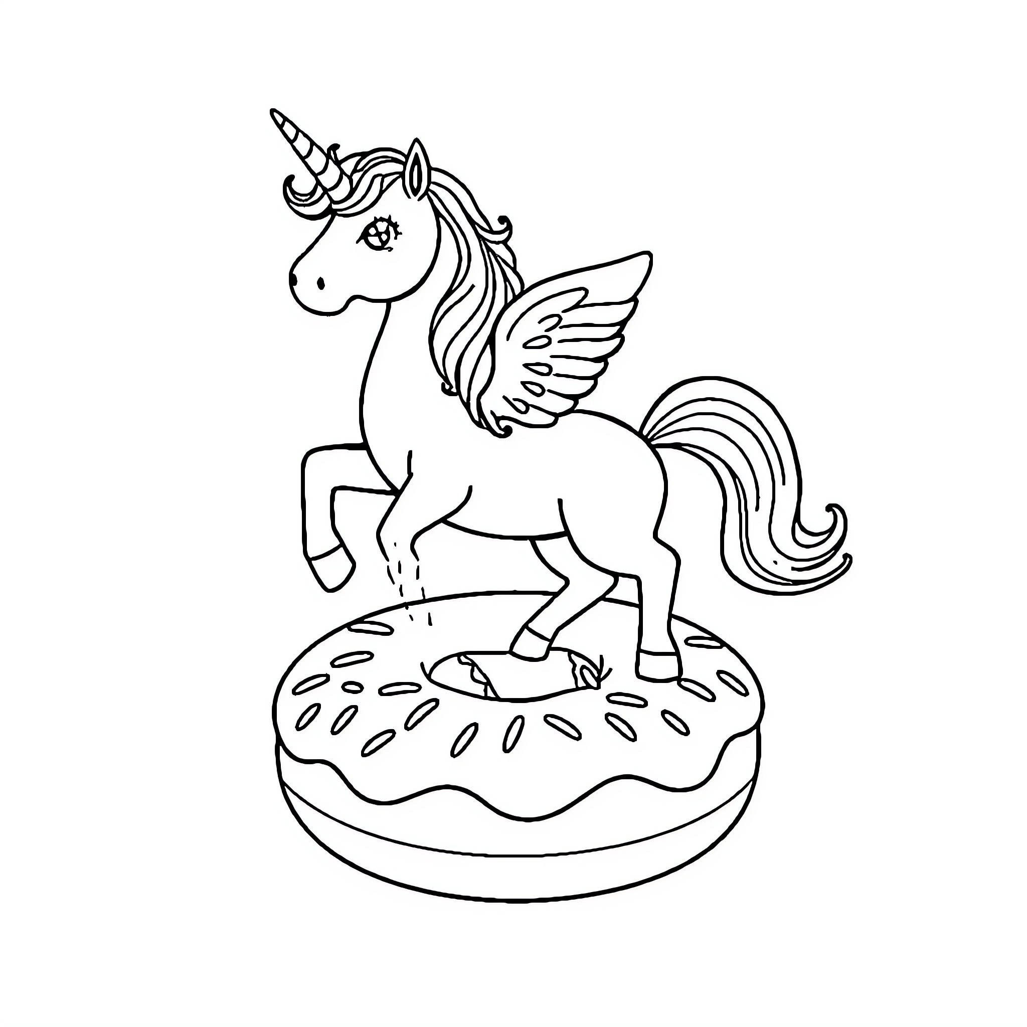 Unicorn standing on a donut Coloring Page (free black-and-white line drawing printable PDF for all, from beginners to advanced learners, including children, teens, adults, and seniors)
