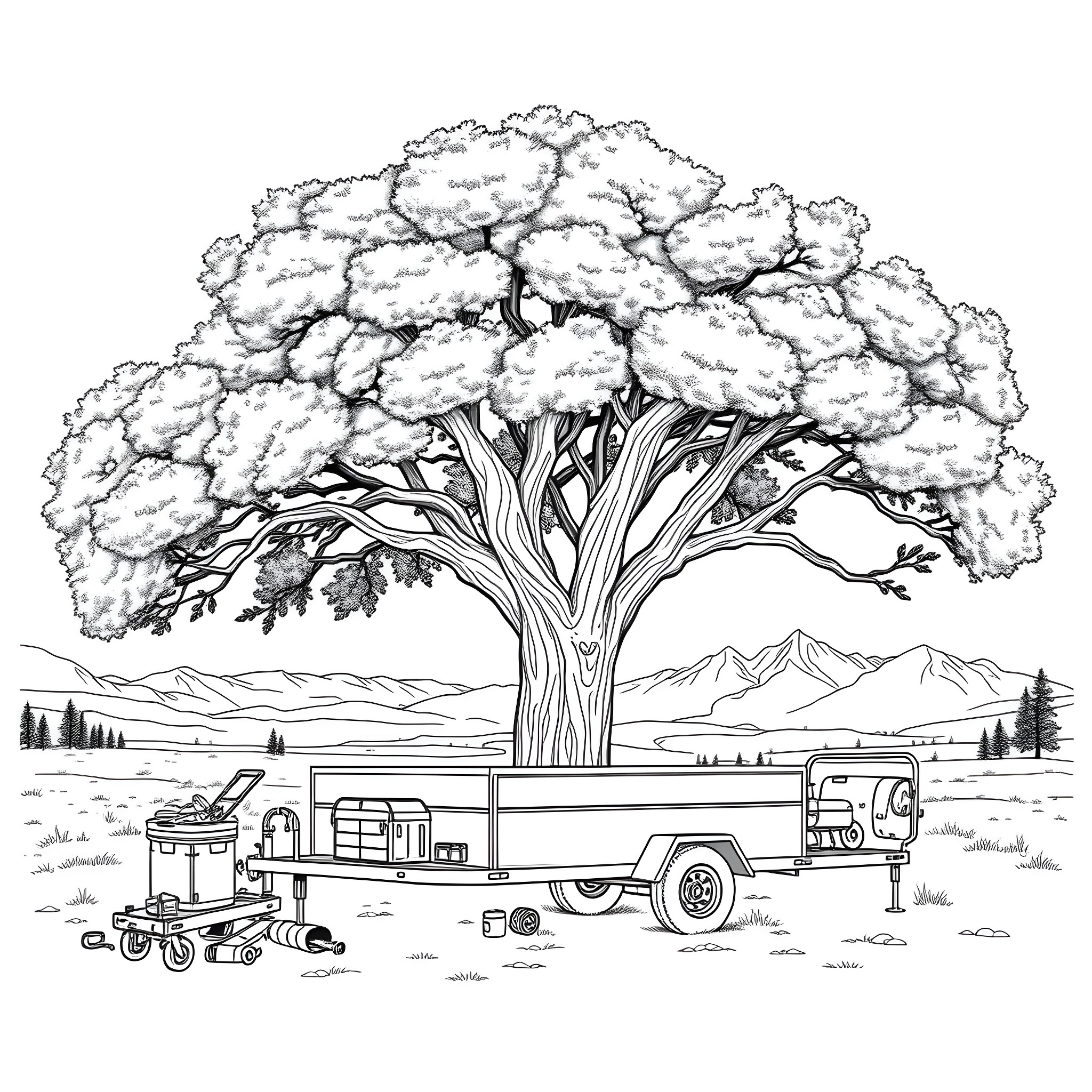 Car Trailer loaded with outdoor equipment under a large tree Coloring Page (free black-and-white line drawing printable PDF for all, from beginners to advanced learners, including children, teens, adults, and seniors)