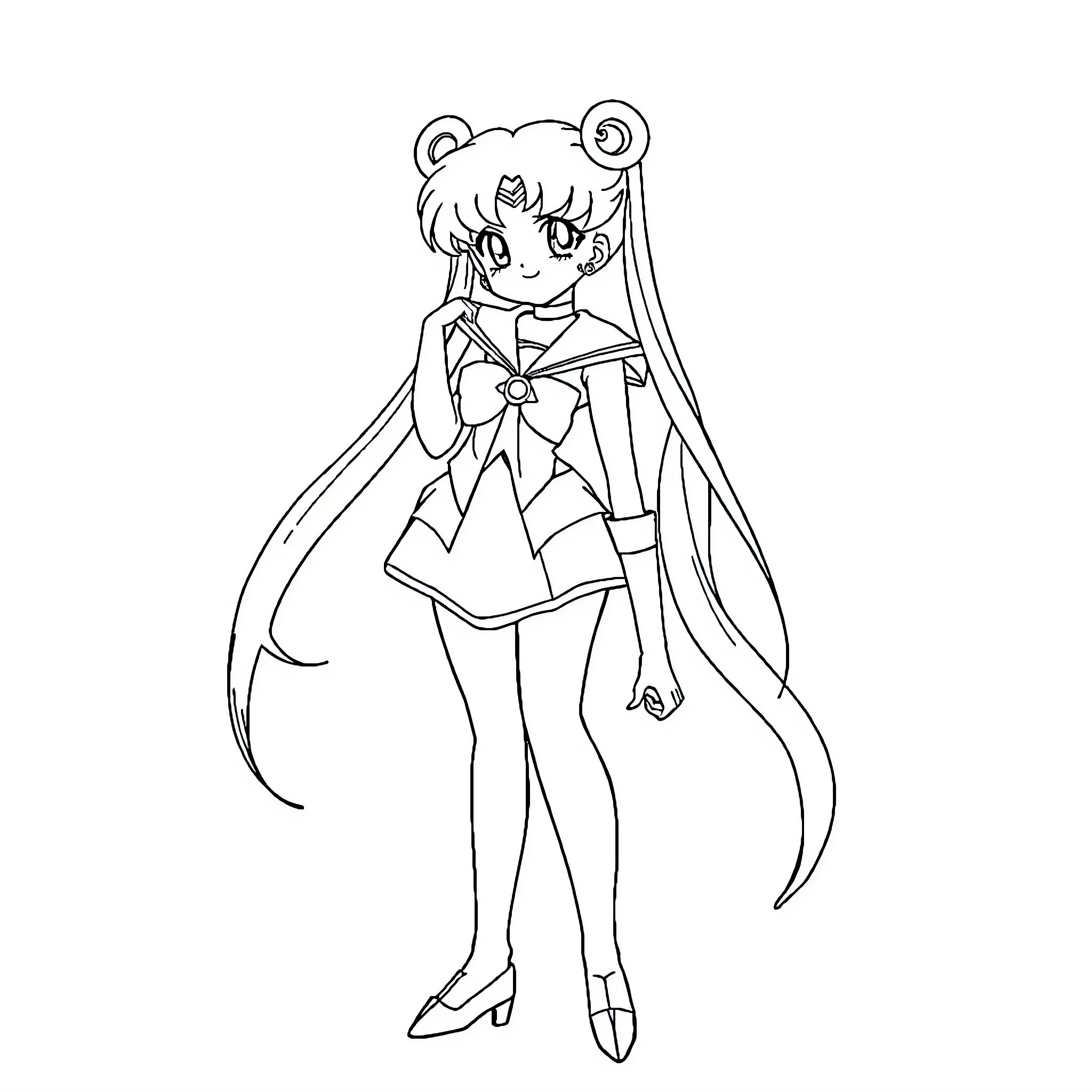 Sailor Moon character in heroic pose Coloring Page (free black-and-white line drawing printable PDF for all, from beginners to advanced learners, including children, teens, adults, and seniors)