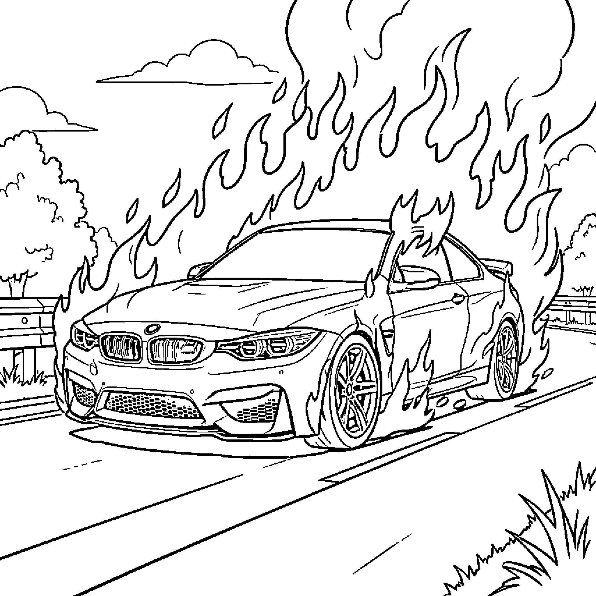 BMW M4 driving through intense roaring flames Coloring Page (free black-and-white line drawing printable PDF for all, from beginners to advanced learners, including children, teens, adults, and seniors)