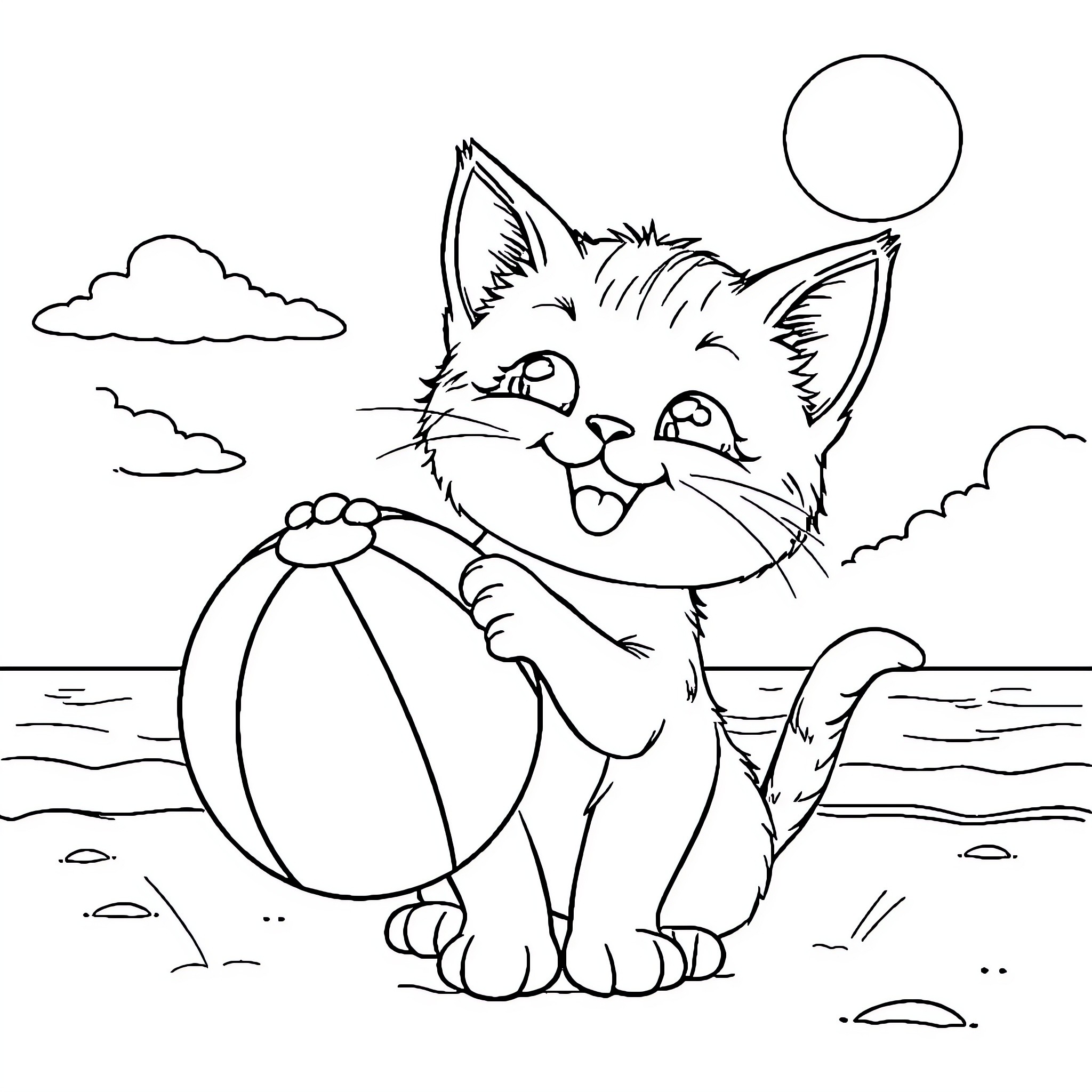 Kitty Cat playing with beach ball on the shore Coloring Page (free black-and-white line drawing printable PDF for all, from beginners to advanced learners, including children, teens, adults, and seniors)