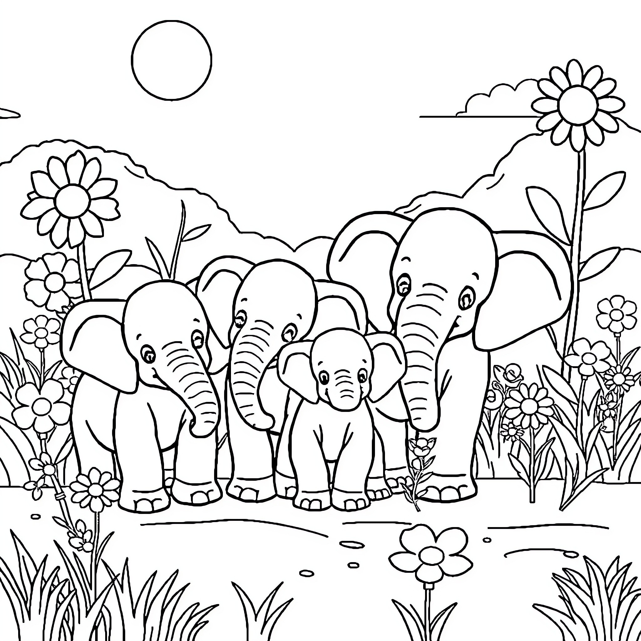 Elephant Family Enjoying Nature's Beauty Coloring Page (free black-and-white line drawing printable PDF for all, from beginners to advanced learners, including children, teens, adults, and seniors)