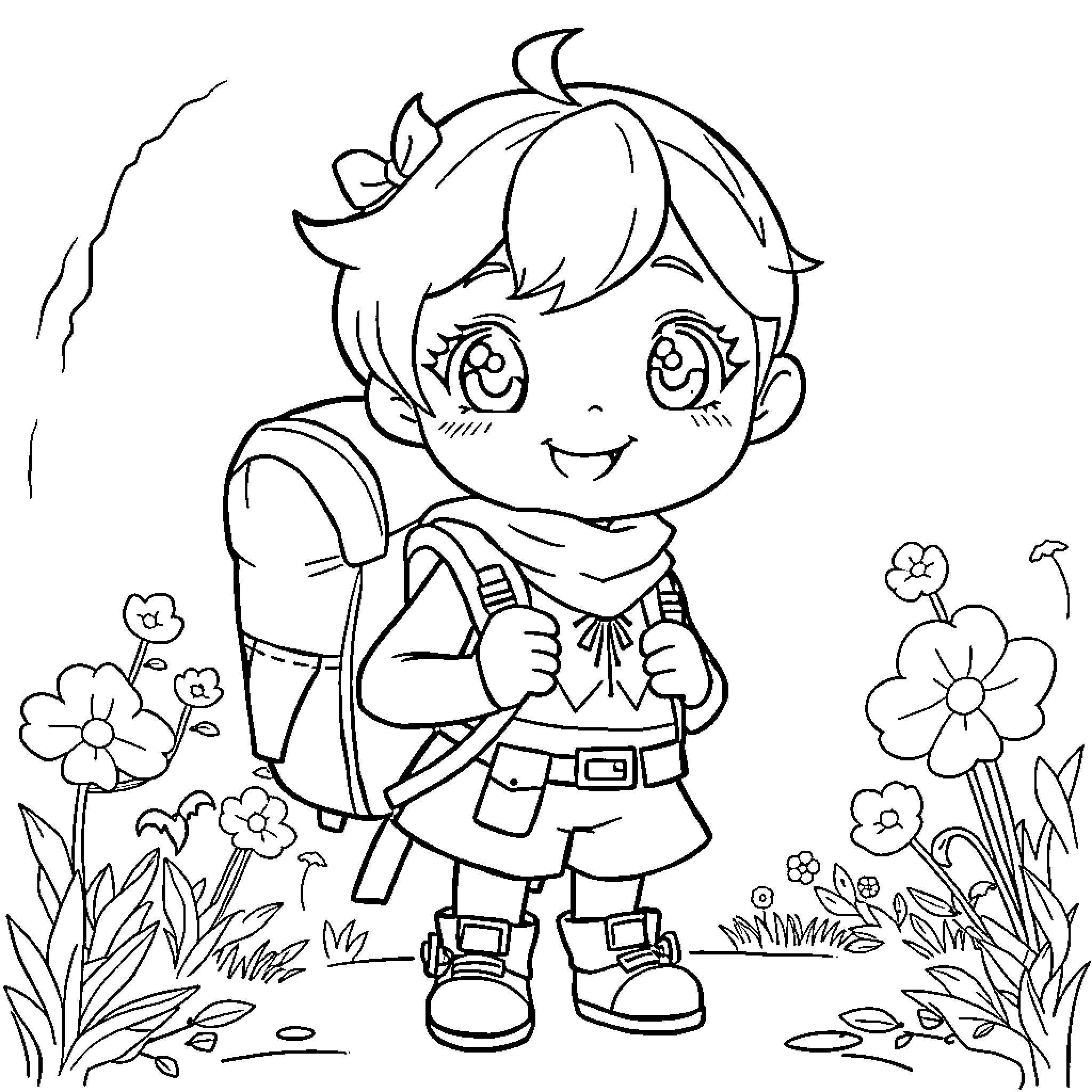 Klee exploring the garden with cheerful expression Coloring Page (free black-and-white line drawing printable PDF for all, from beginners to advanced learners, including children, teens, adults, and seniors)