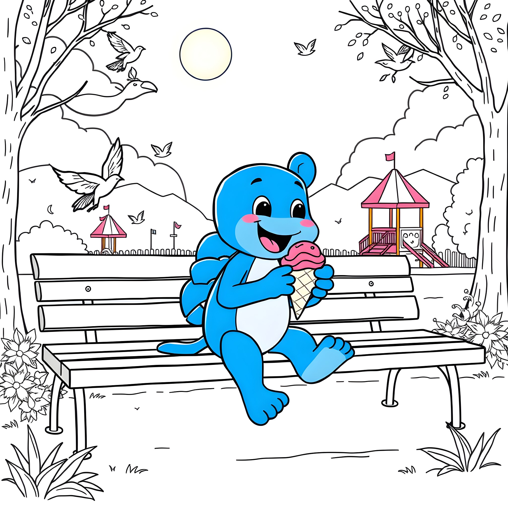 Bluey enjoying an ice cream on a park bench Coloring Page (free black-and-white line drawing printable PDF for all, from beginners to advanced learners, including children, teens, adults, and seniors)