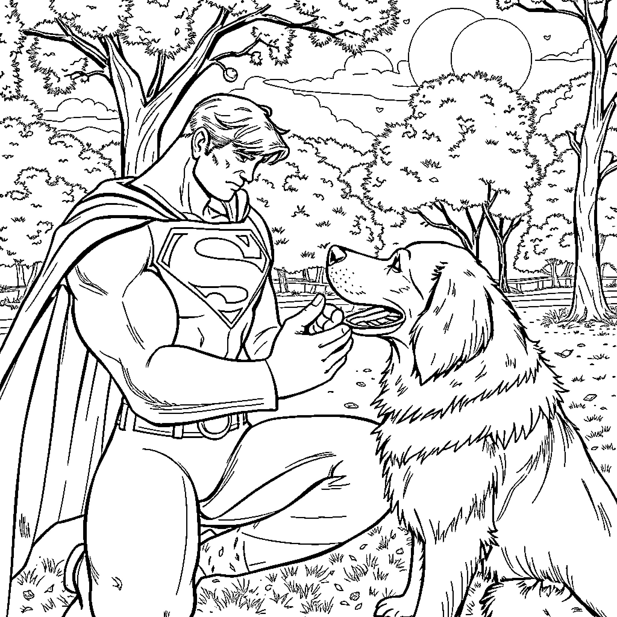 Superman playing with adorable dog in nature Coloring Page (free black-and-white line drawing printable PDF for all, from beginners to advanced learners, including children, teens, adults, and seniors)
