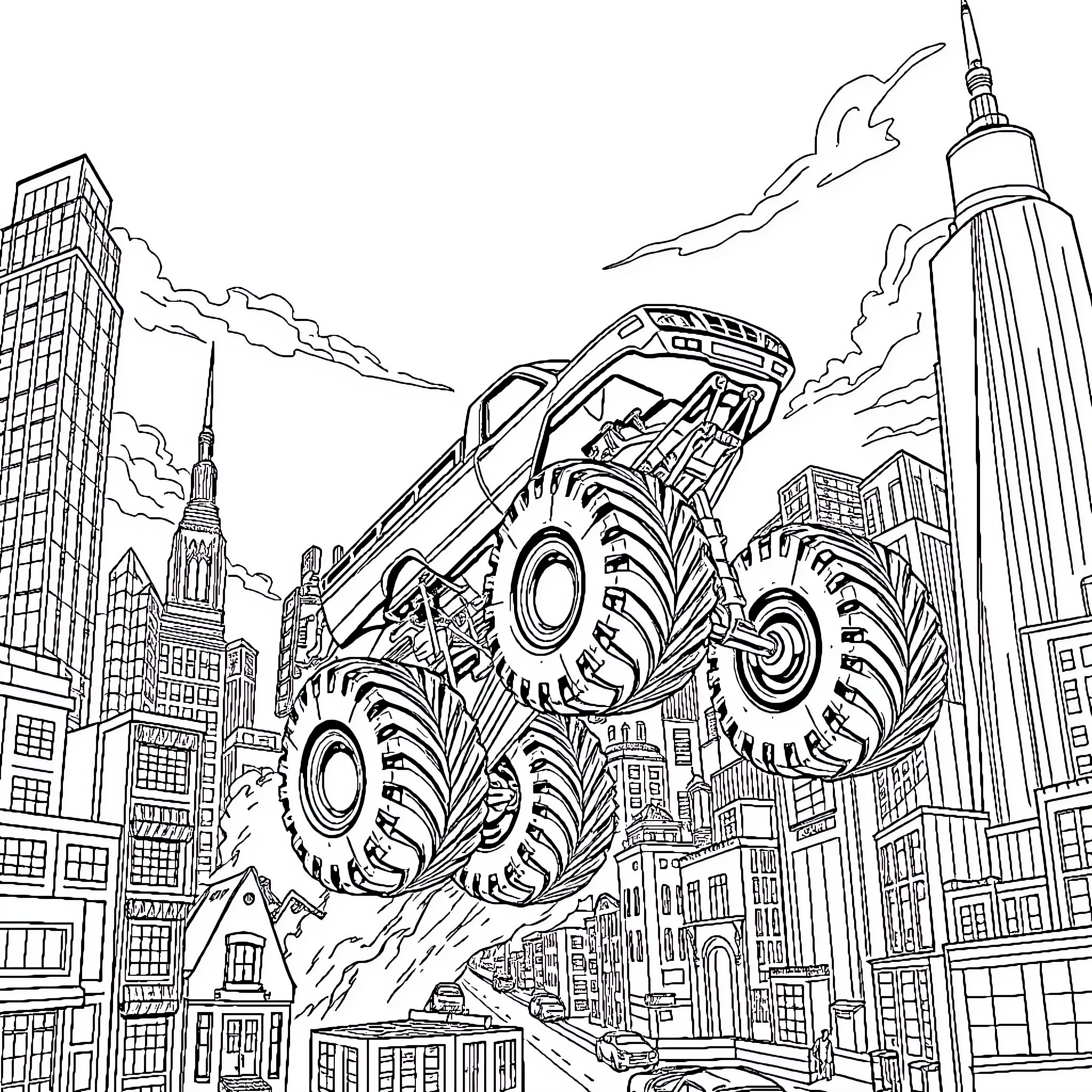 Monster Truck Crushing City Skyscrapers Coloring Page (free black-and-white line drawing printable PDF for all, from beginners to advanced learners, including children, teens, adults, and seniors)