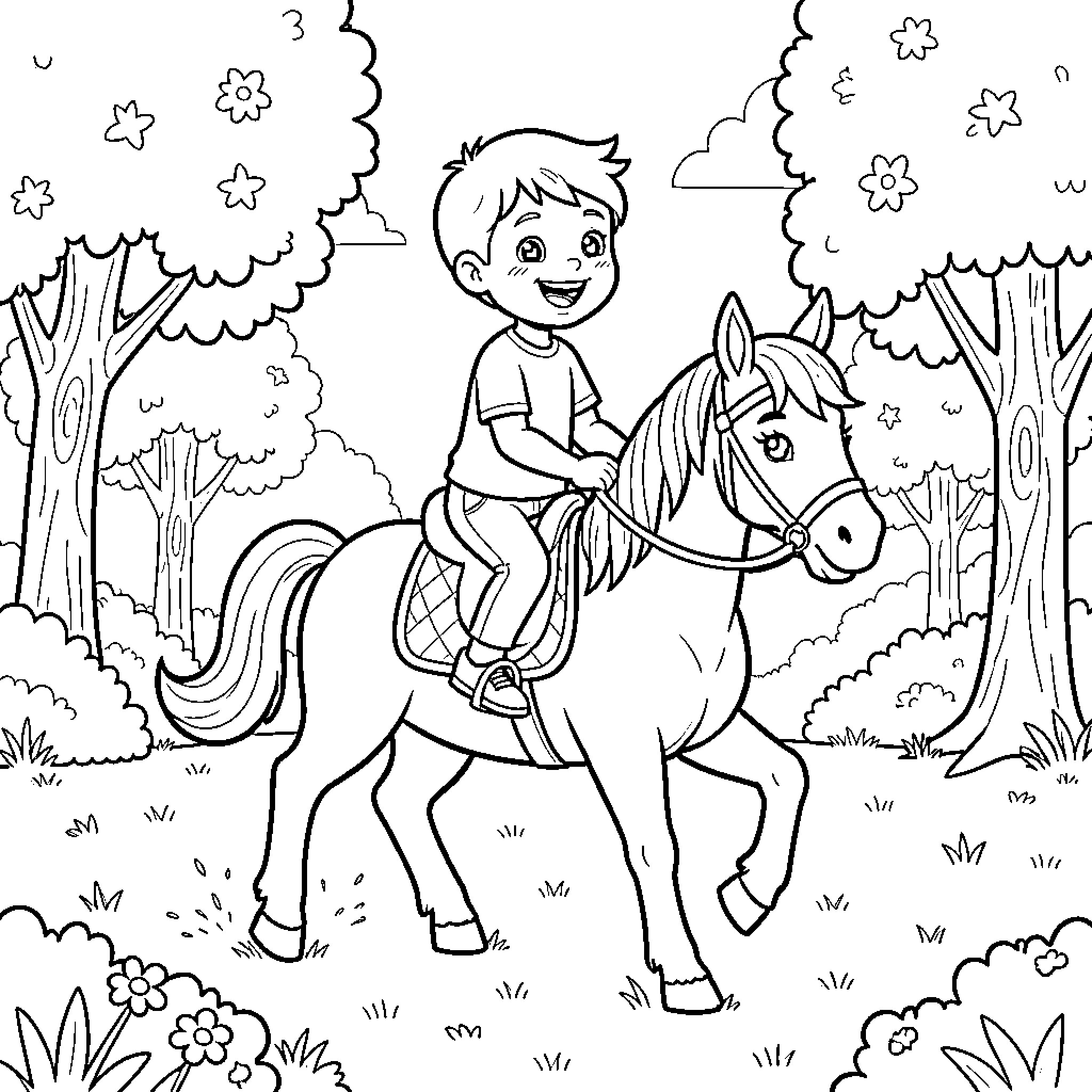 Petit Garçon riding a horse in the forest Coloring Page (free black-and-white line drawing printable PDF for all, from beginners to advanced learners, including children, teens, adults, and seniors)