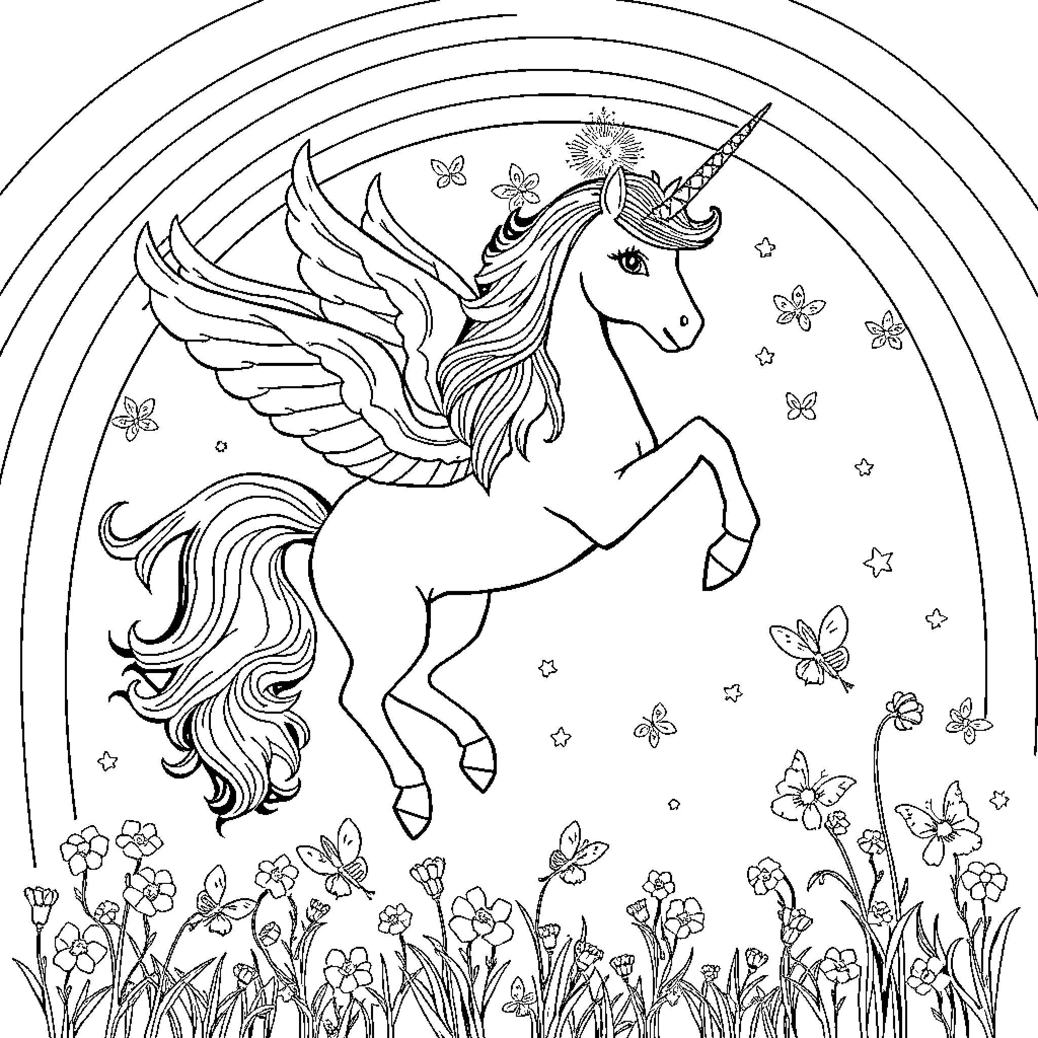 Unicorn soaring through a magical garden Coloring Page (free black-and-white line drawing printable PDF for all, from beginners to advanced learners, including children, teens, adults, and seniors)