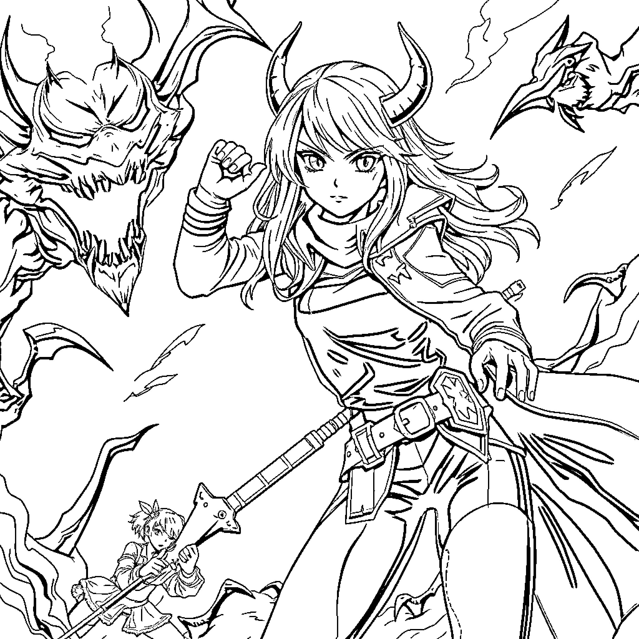 Zoey's Fierce Battle with Demonic Creatures Coloring Page (free black-and-white line drawing printable PDF for all, from beginners to advanced learners, including children, teens, adults, and seniors)