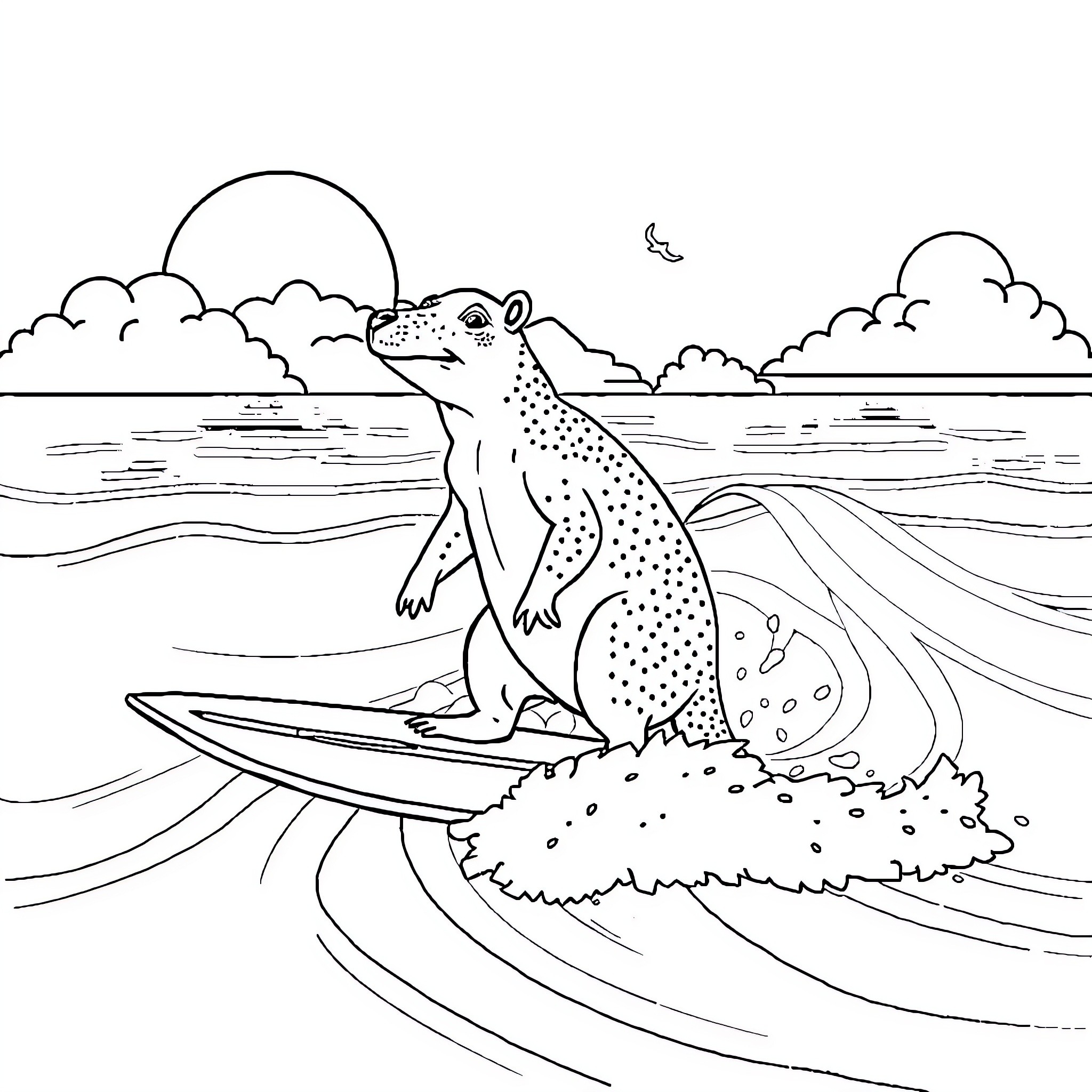 Capybara surfing on a wave Coloring Page (free black-and-white line drawing printable PDF for all, from beginners to advanced learners, including children, teens, adults, and seniors)