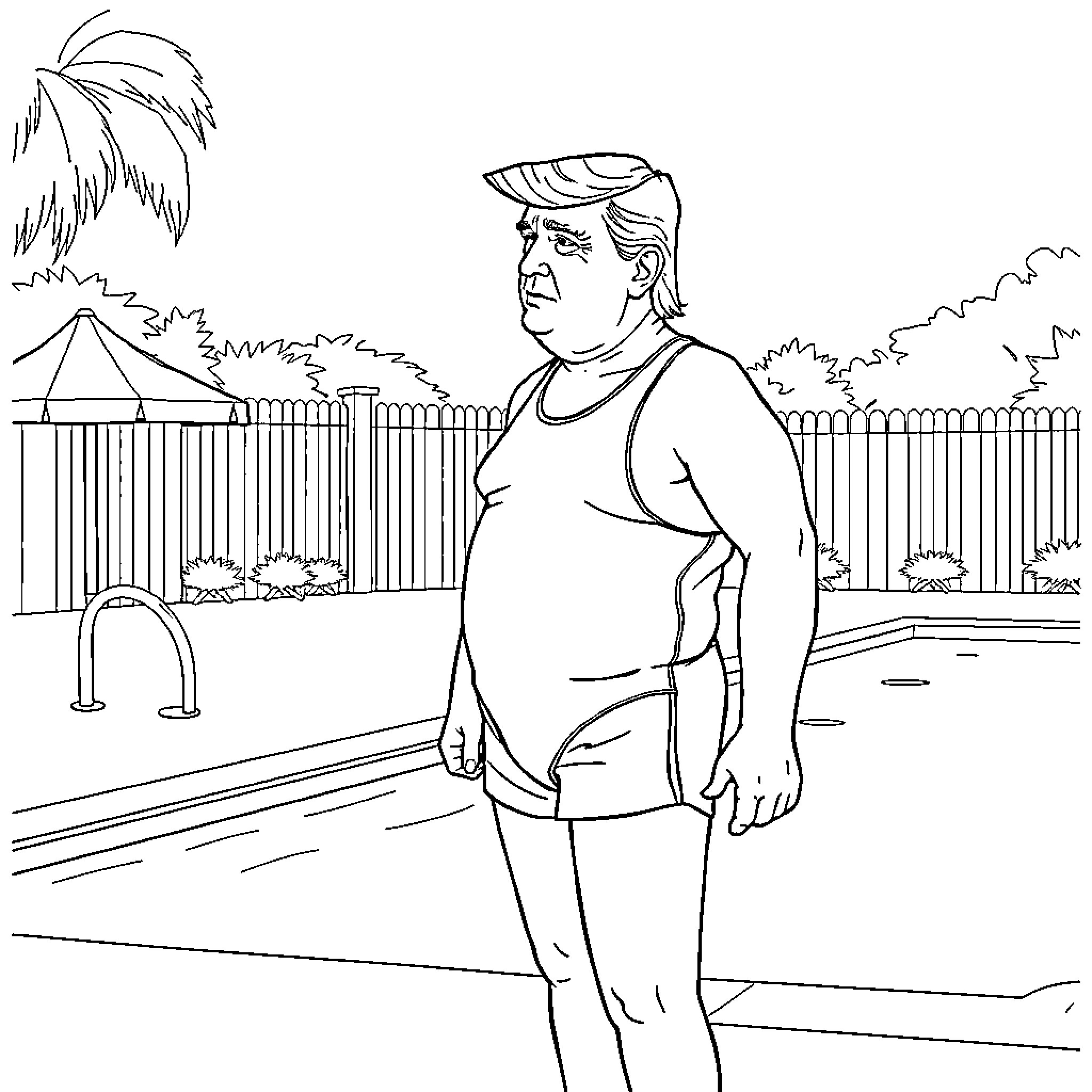 Trump in casual attire in a suburban backyard Coloring Page (free black-and-white line drawing printable PDF for all, from beginners to advanced learners, including children, teens, adults, and seniors)