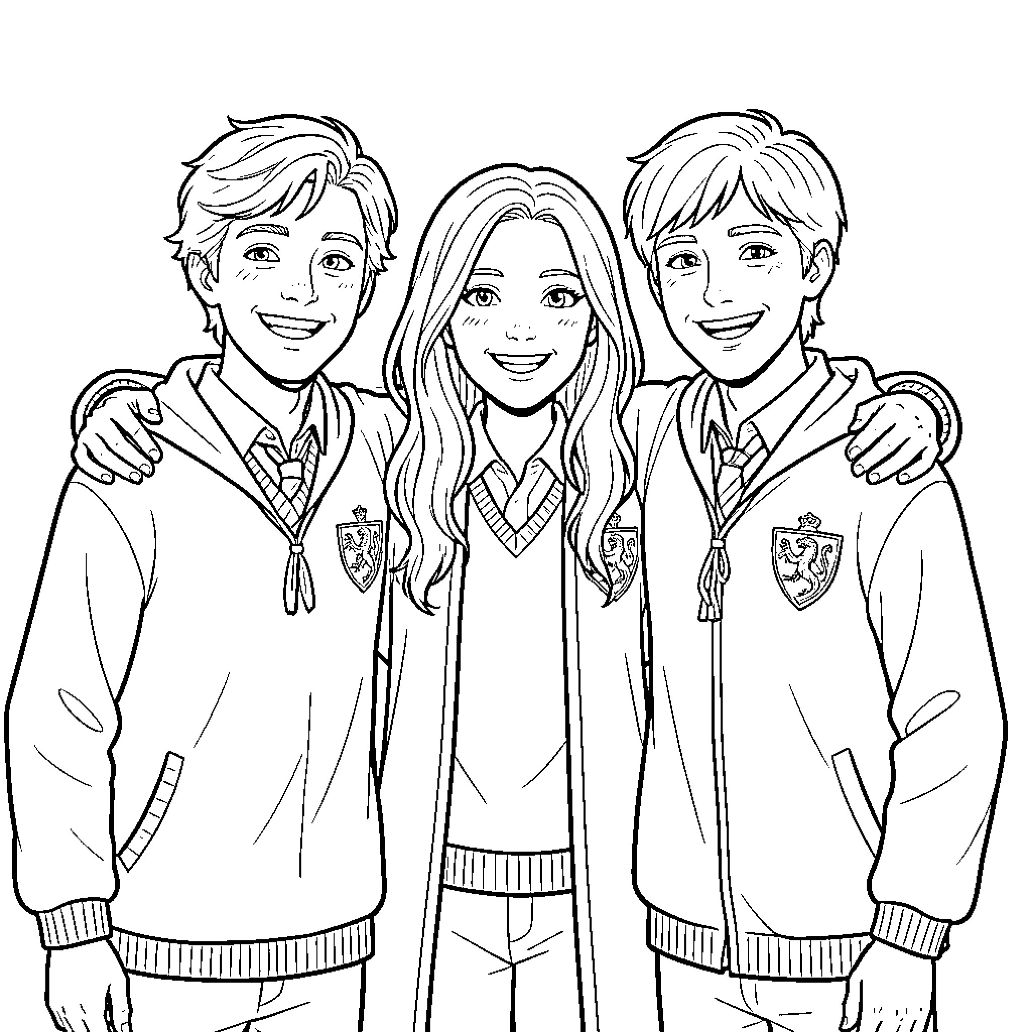 Harry and His Magical Friends Posing Together Coloring Page (free black-and-white line drawing printable PDF for all, from beginners to advanced learners, including children, teens, adults, and seniors)