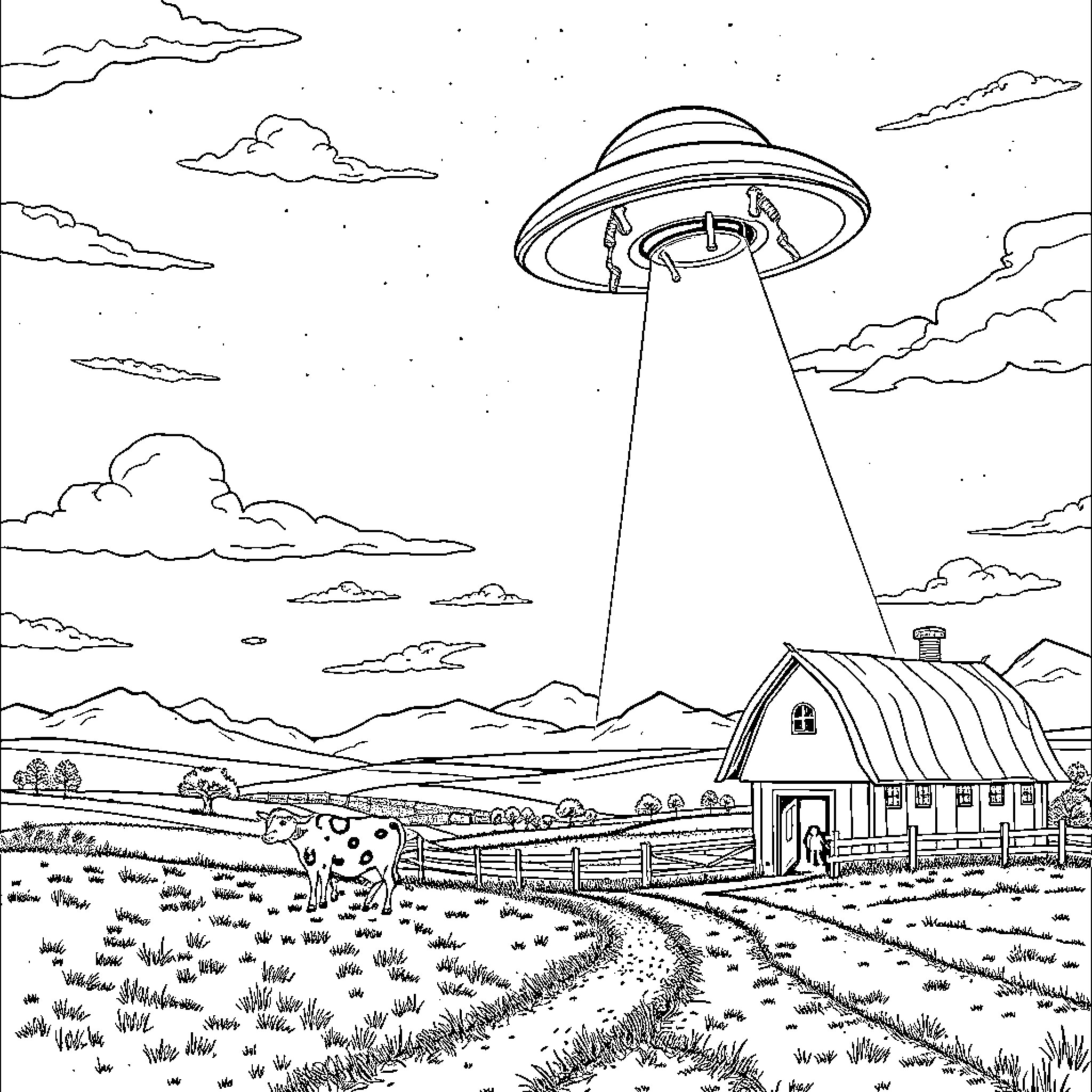 Alien UFO hovering over rural countryside Coloring Page (free black-and-white line drawing printable PDF for all, from beginners to advanced learners, including children, teens, adults, and seniors)