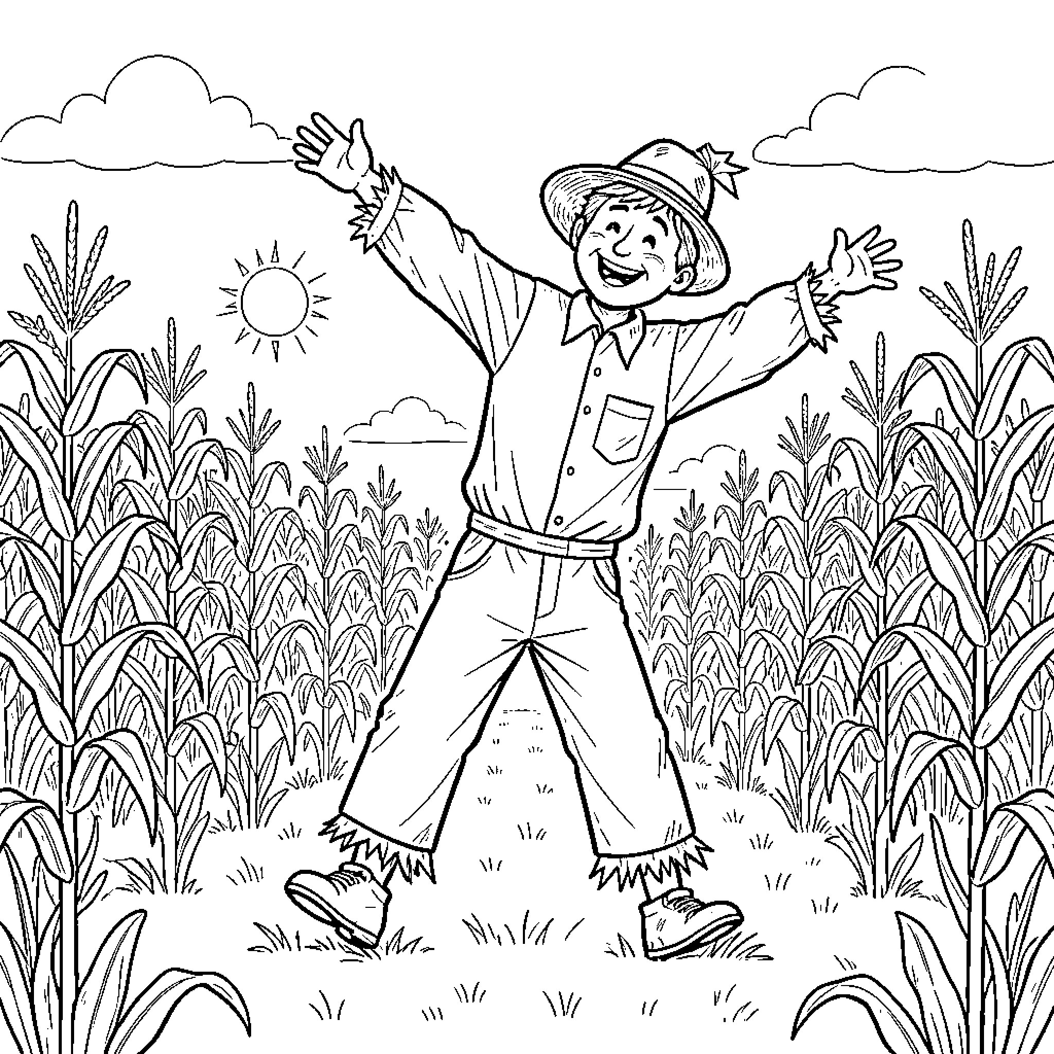 Scarecrow standing joyfully in a cornfield Coloring Page (free black-and-white line drawing printable PDF for all, from beginners to advanced learners, including children, teens, adults, and seniors)
