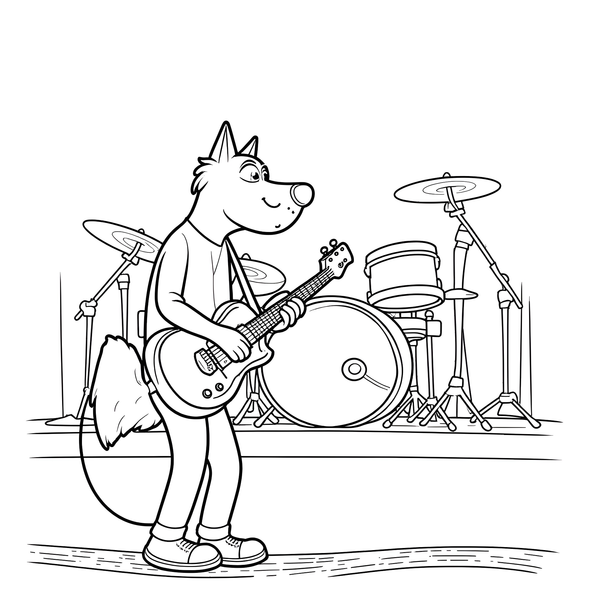 Dog playing the guitar with drum set on stage Coloring Page (free black-and-white line drawing printable PDF for all, from beginners to advanced learners, including children, teens, adults, and seniors)