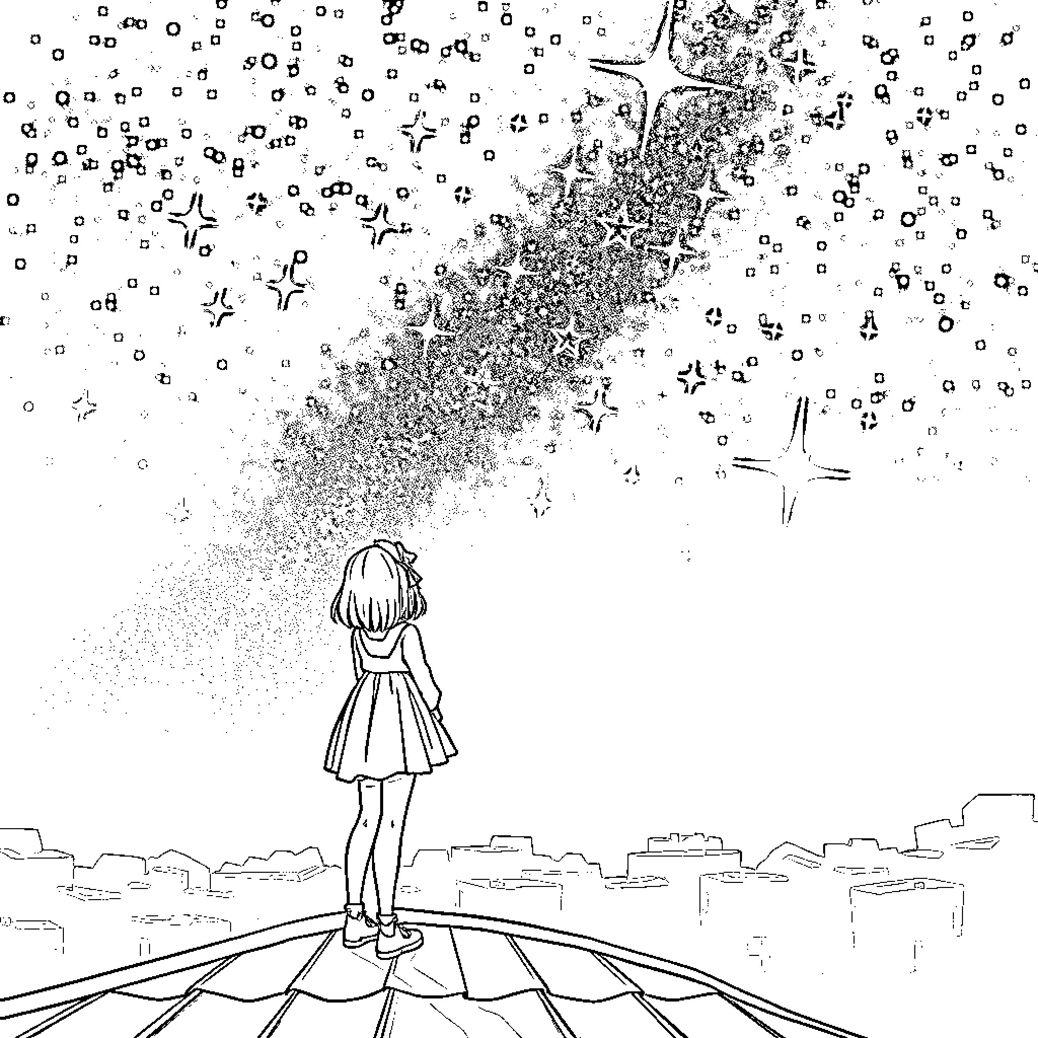Anime Girl Gazing at Starry Night Sky Coloring Page (free black-and-white line drawing printable PDF for all, from beginners to advanced learners, including children, teens, adults, and seniors)