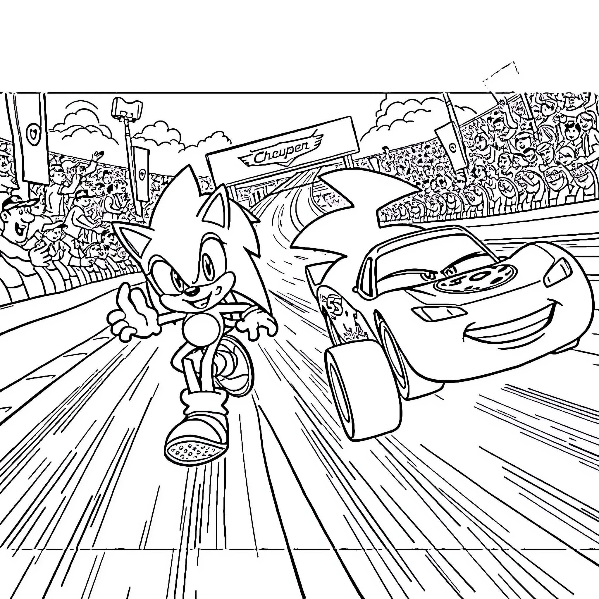 Sonic Races Alongside Lightning McQueen in Exciting Competition Coloring Page (free black-and-white line drawing printable PDF for all, from beginners to advanced learners, including children, teens, adults, and seniors)