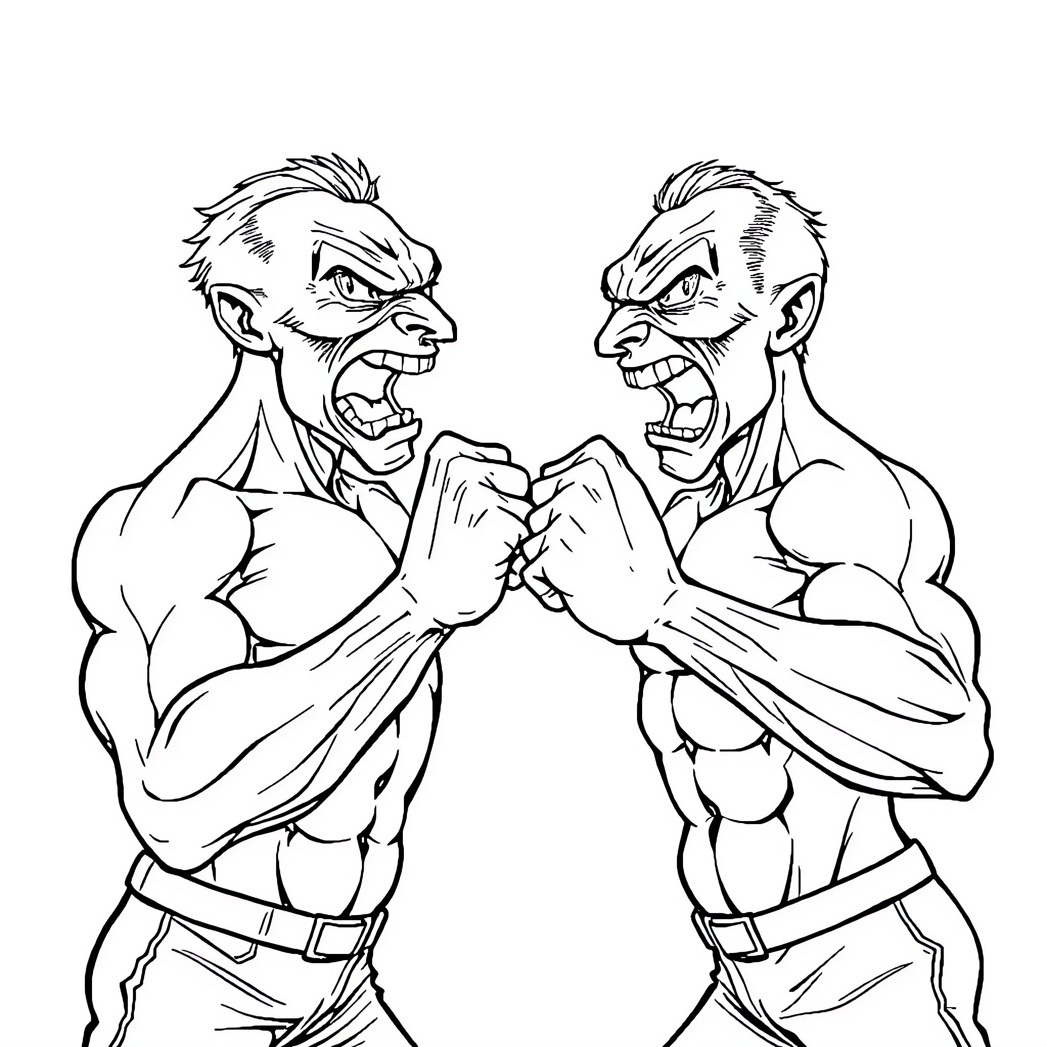 Siamese Twin Wrestlers Engaging in Fierce Confrontation Coloring Page (free black-and-white line drawing printable PDF for all, from beginners to advanced learners, including children, teens, adults, and seniors)