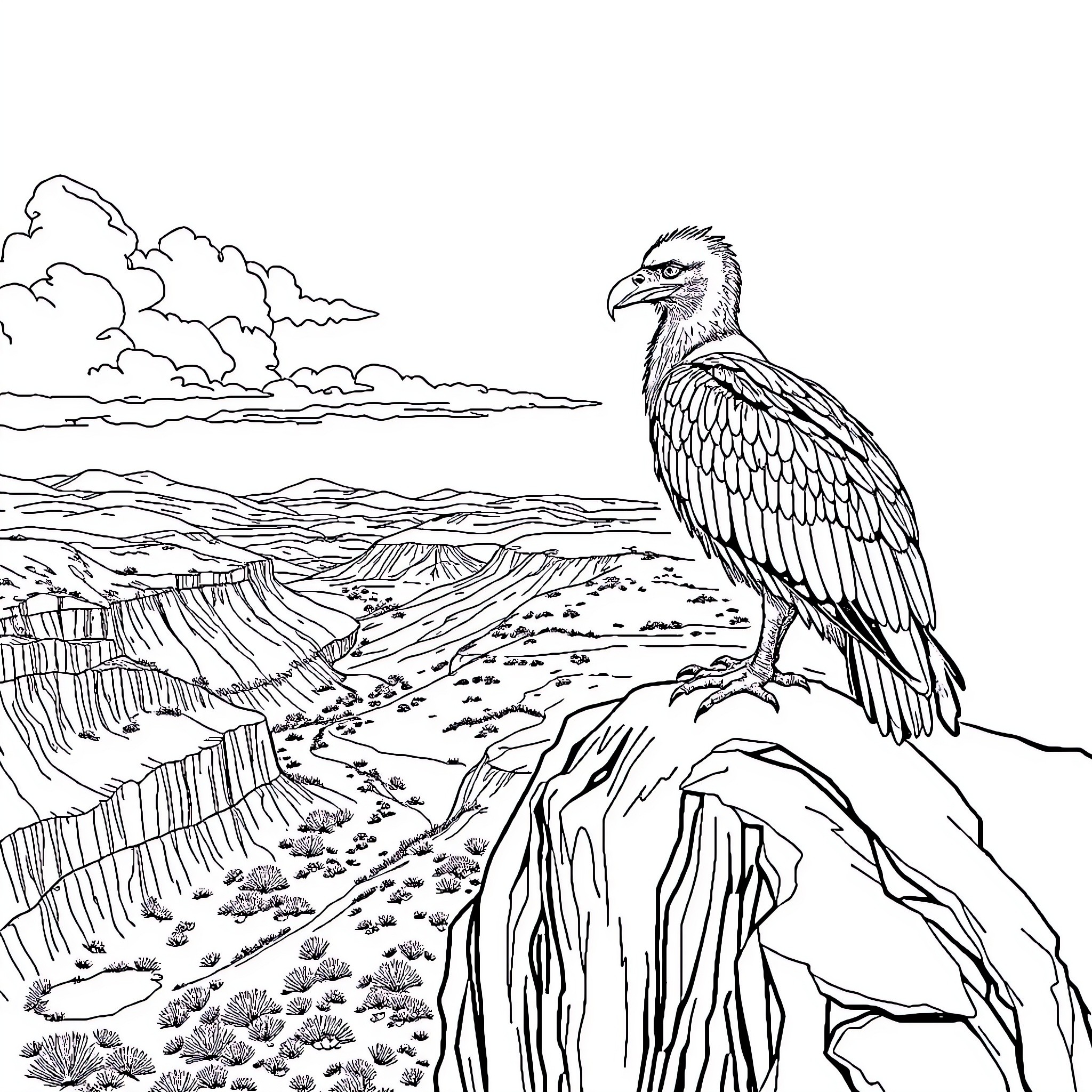 Vulture perched on rocky desert landscape Coloring Page (free black-and-white line drawing printable PDF for all, from beginners to advanced learners, including children, teens, adults, and seniors)