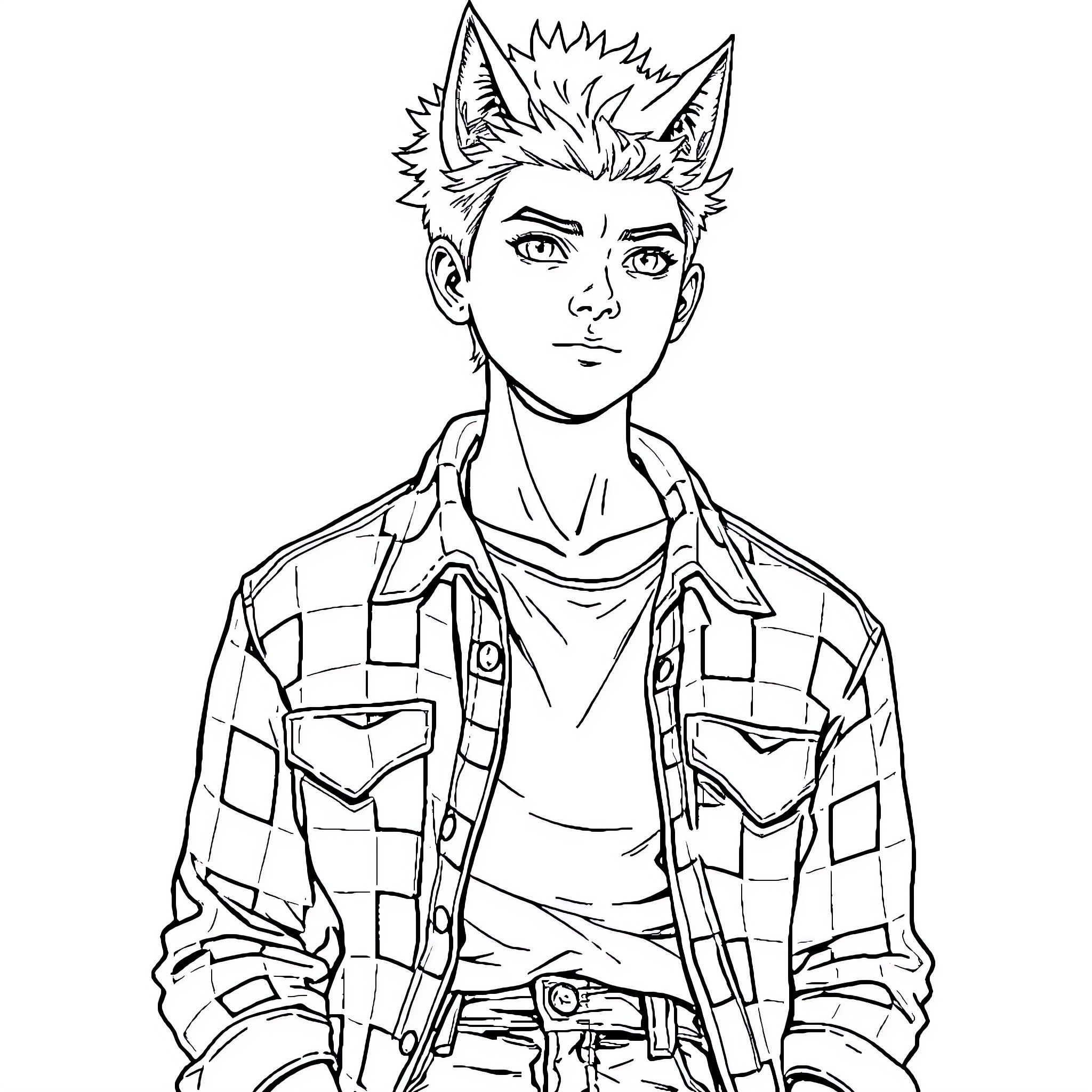 Young Man with Spiky Hair and Plaid Shirt Coloring Page (free black-and-white line drawing printable PDF for all, from beginners to advanced learners, including children, teens, adults, and seniors)