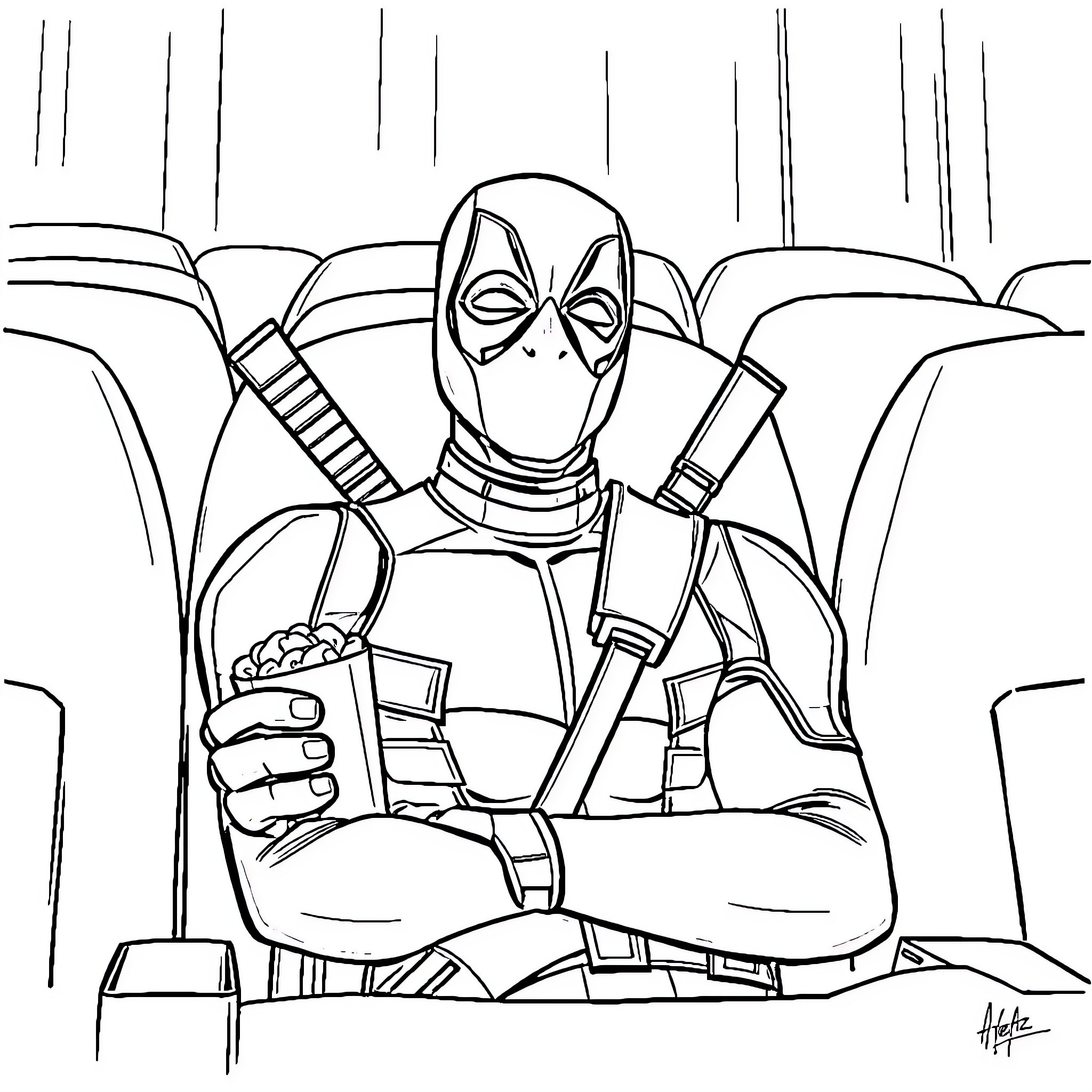 Deadpool enjoying a snack in the city Coloring Page (free black-and-white line drawing printable PDF for all, from beginners to advanced learners, including children, teens, adults, and seniors)