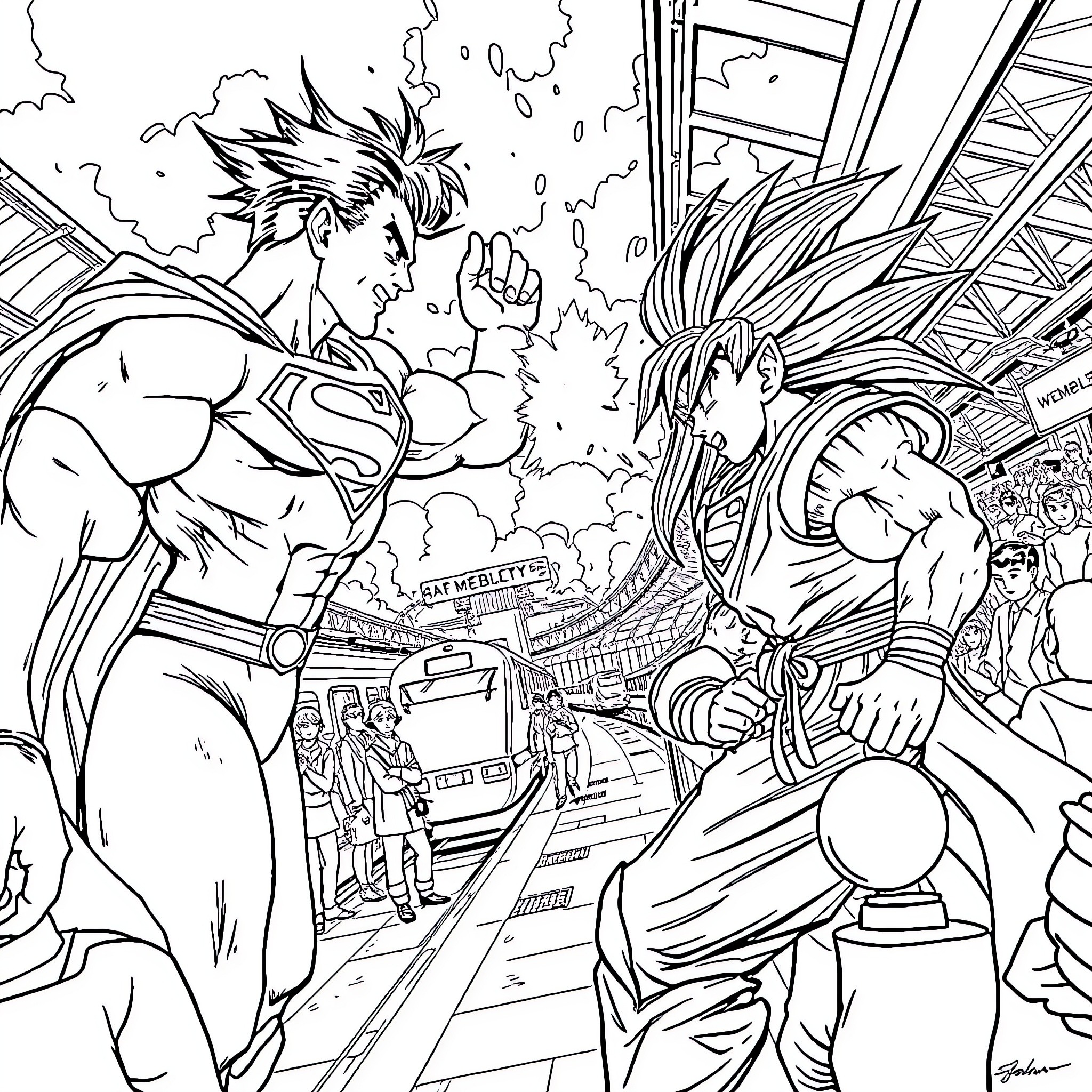 Superman fighting with powerful hero in intense battle Coloring Page (free black-and-white line drawing printable PDF for all, from beginners to advanced learners, including children, teens, adults, and seniors)