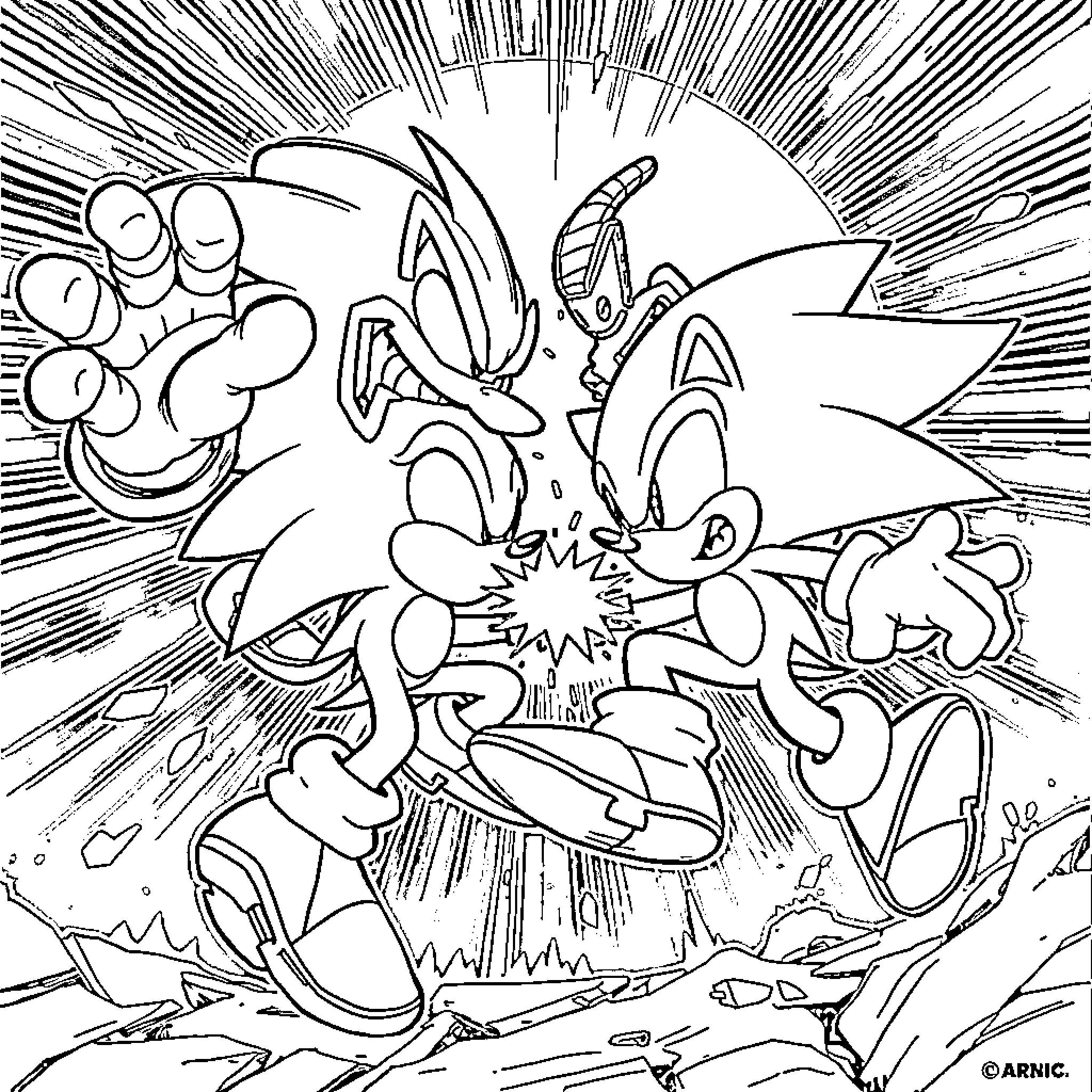 Sonic's Thrilling Battle Against Foes Coloring Page (free black-and-white line drawing printable PDF for all, from beginners to advanced learners, including children, teens, adults, and seniors)