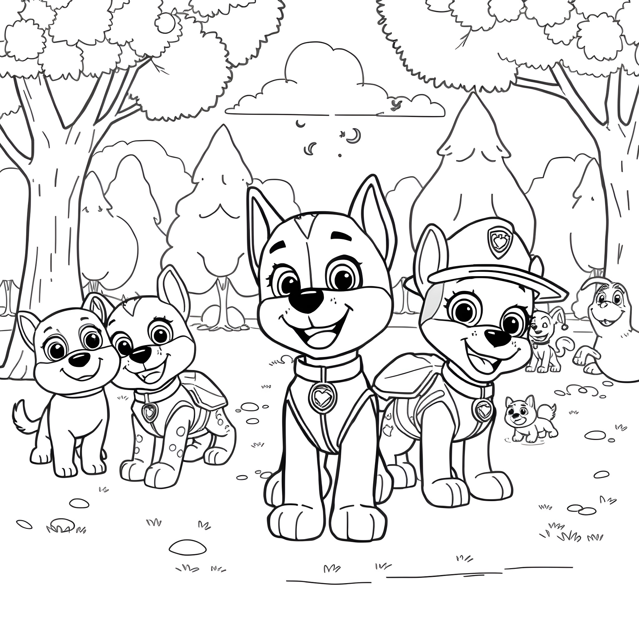 Bluey and friends explore the forest Coloring Page (free black-and-white line drawing printable PDF for all, from beginners to advanced learners, including children, teens, adults, and seniors)